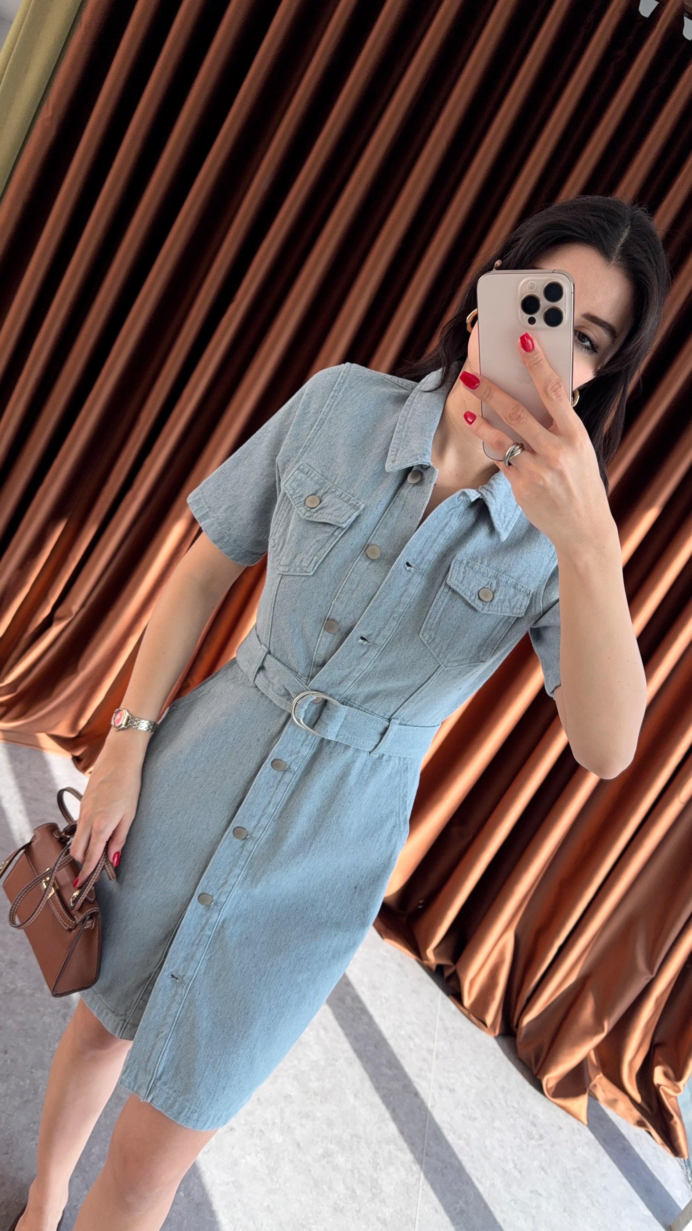 Kemerli Denim Elbise