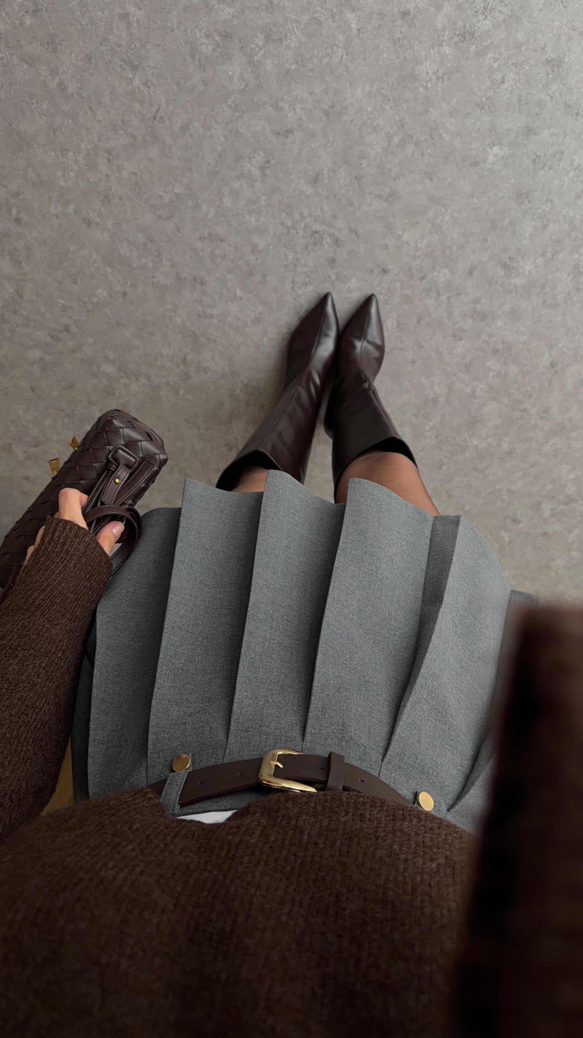 Kemerli Gri Şort Etek