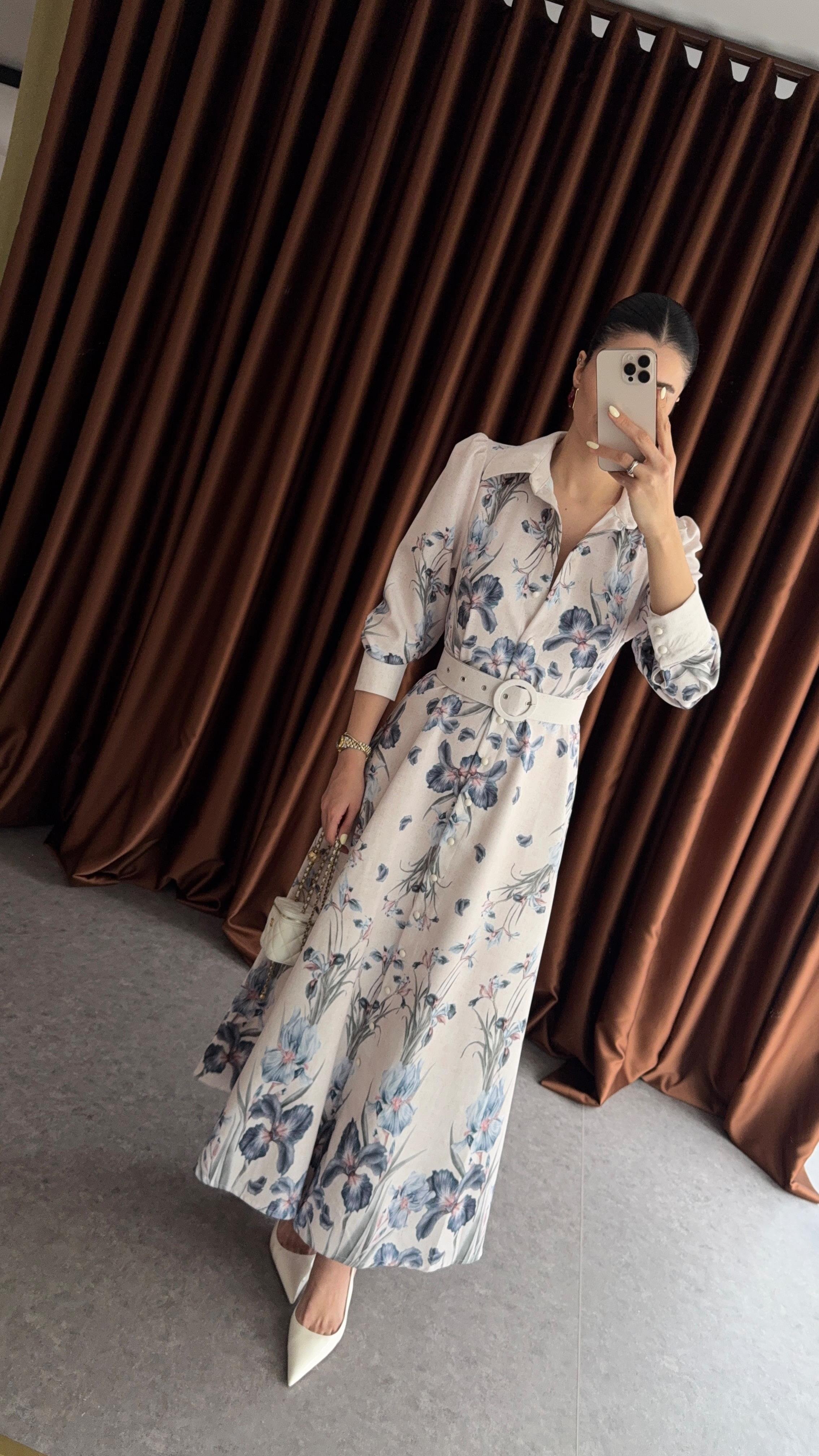 Kemerli Mavi Floral Elbise