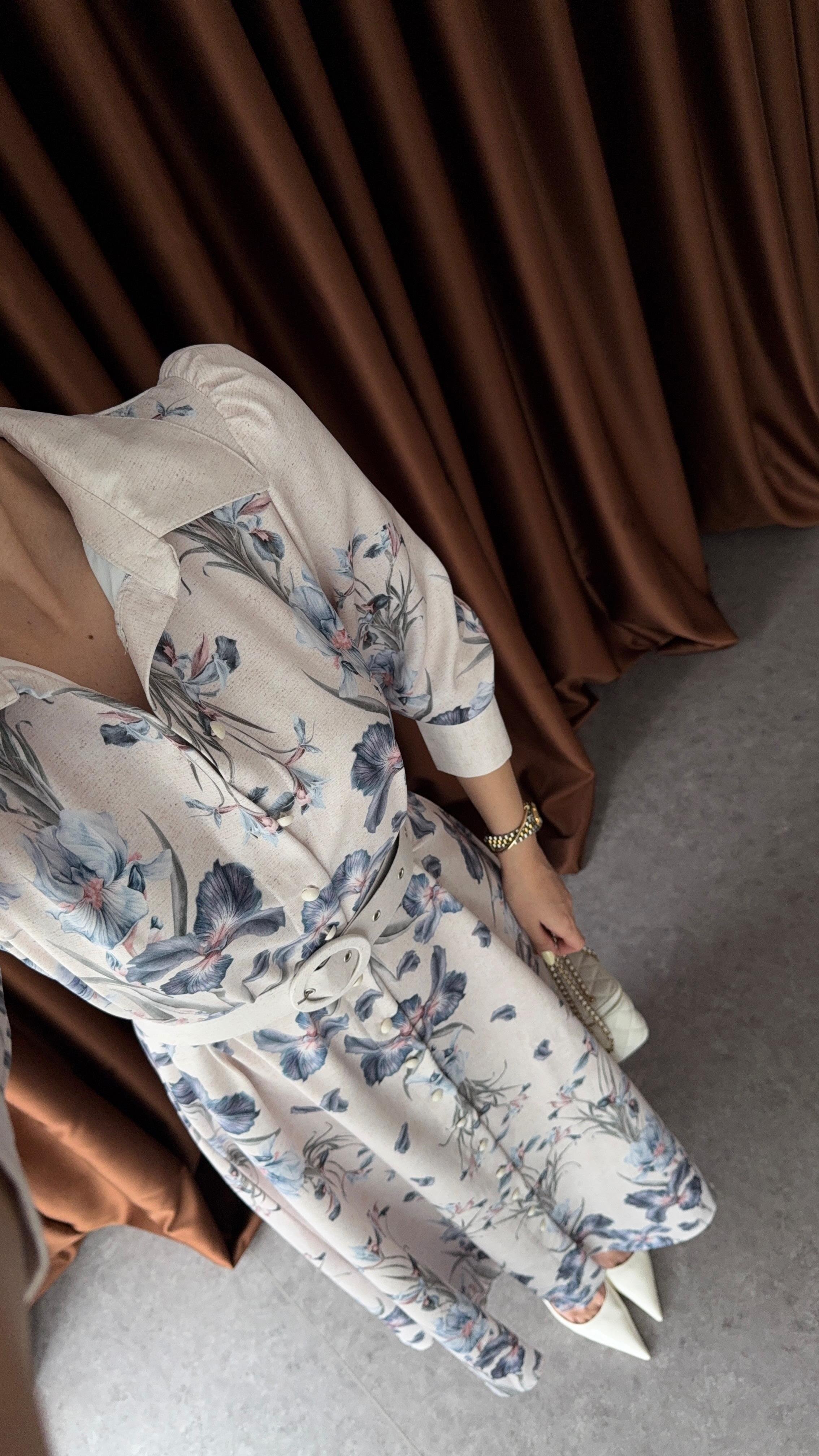 Kemerli Mavi Floral Elbise