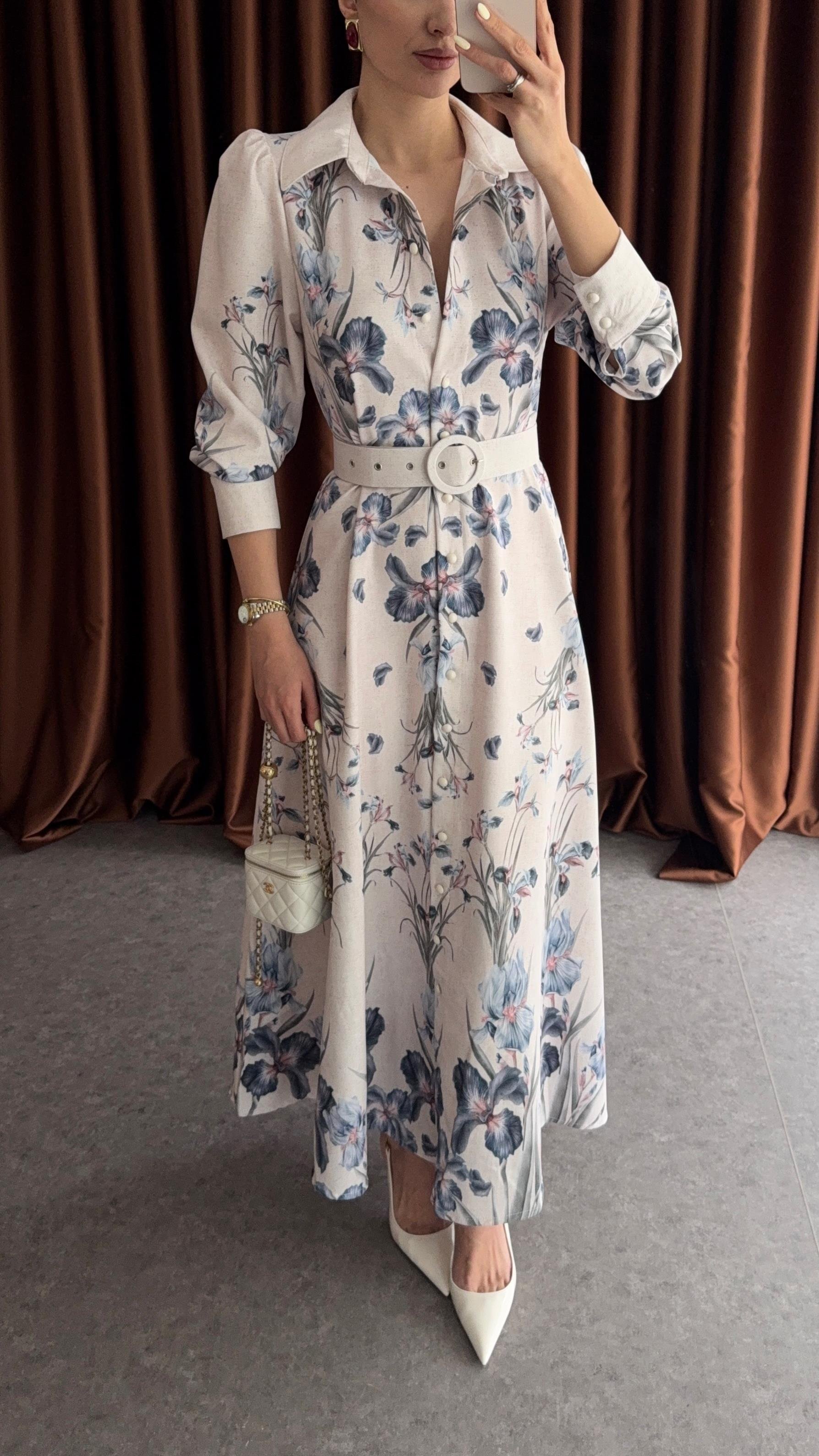 Kemerli Mavi Floral Elbise
