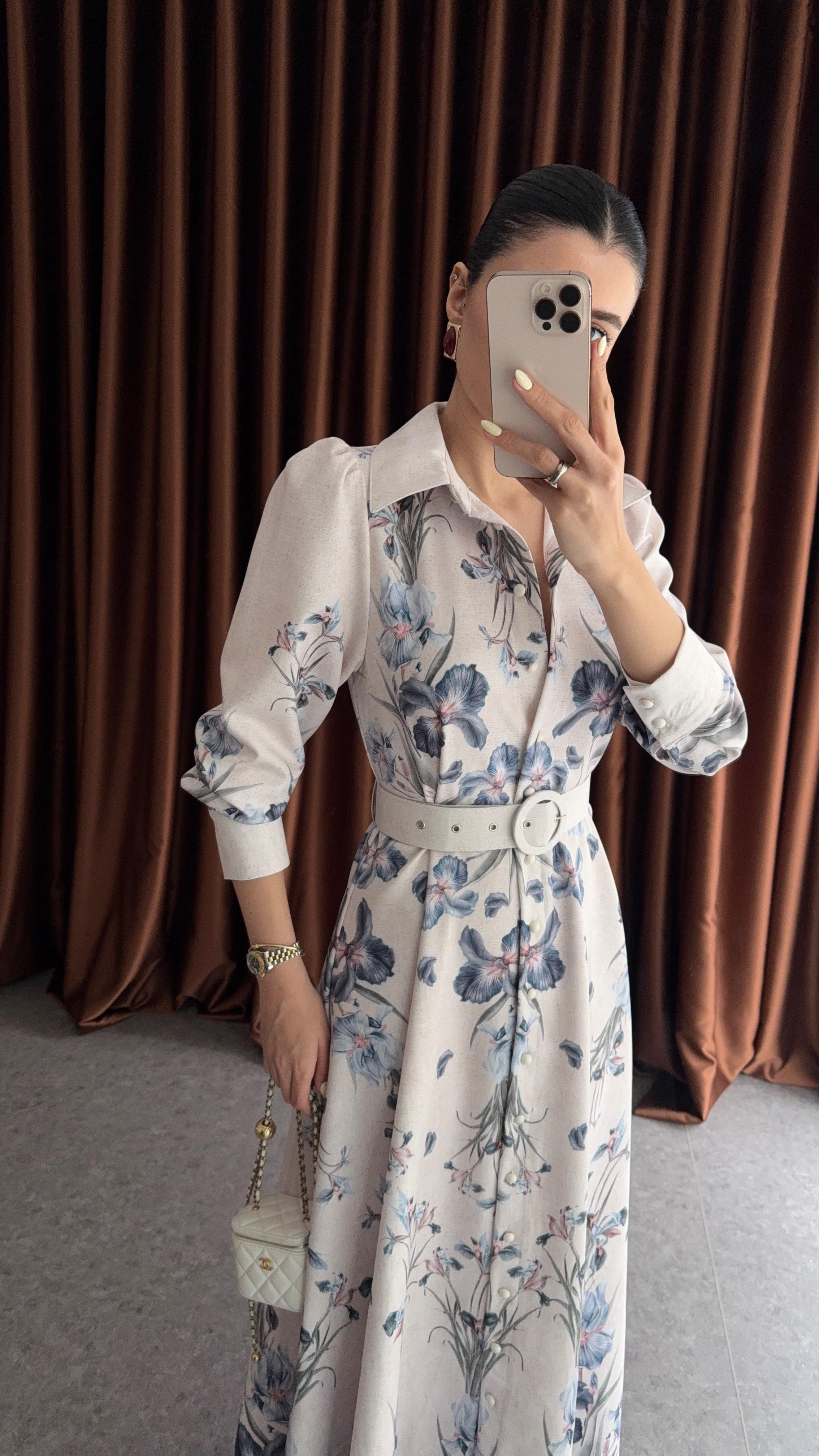 Kemerli Mavi Floral Elbise