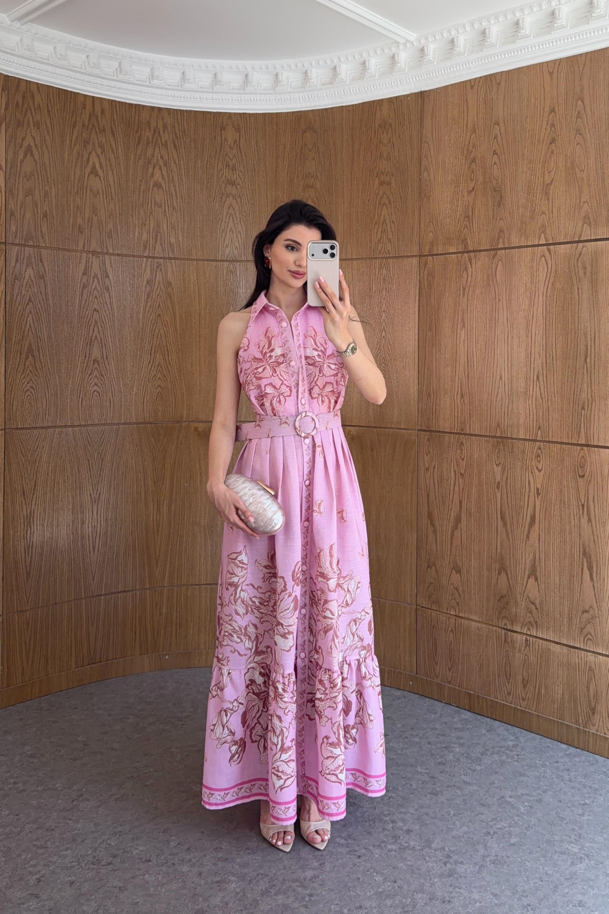 Kemerli Pembe Keten Gömlek Elbise