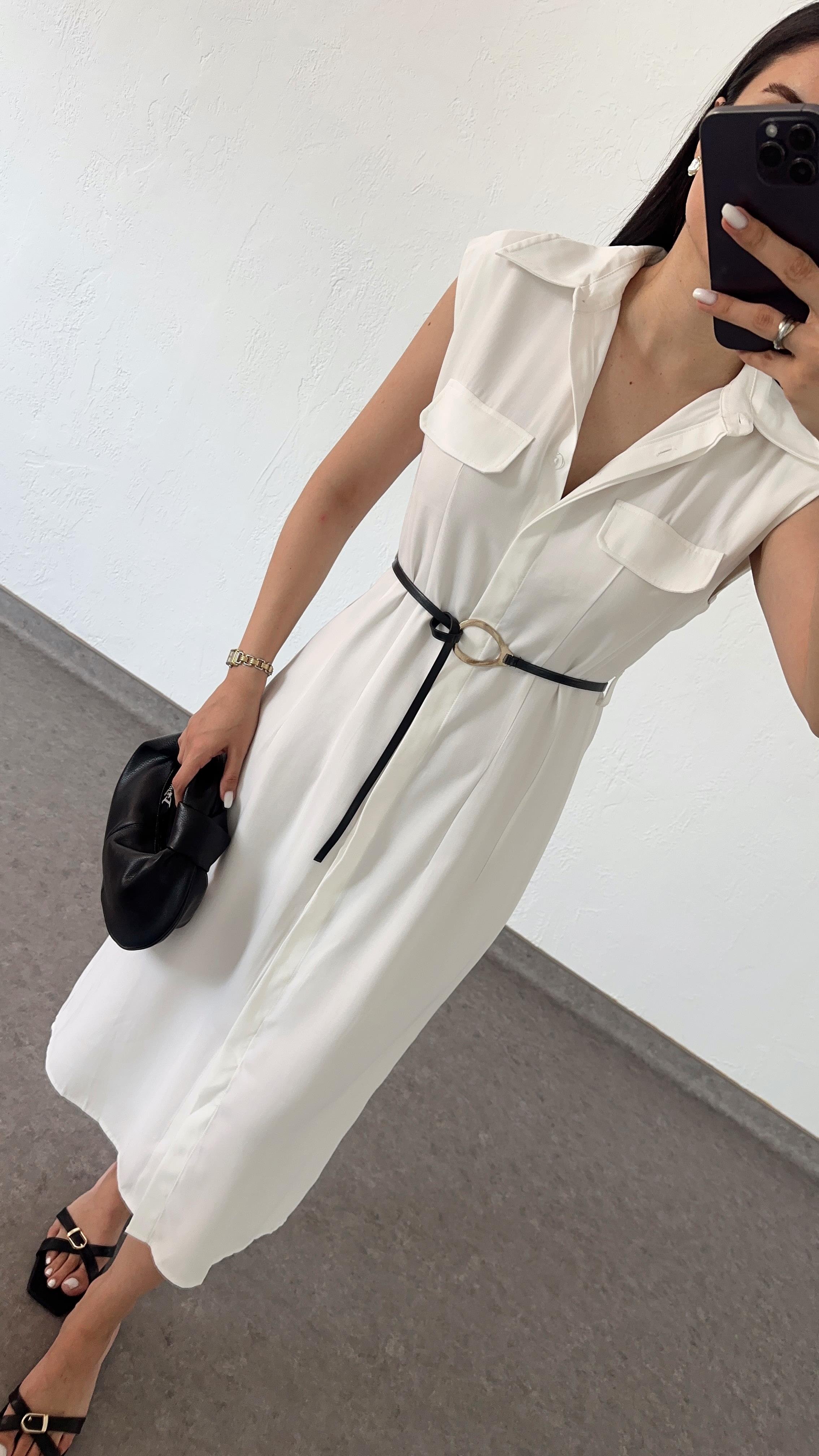 Kemerli Premium Tencel Beyaz Elbise