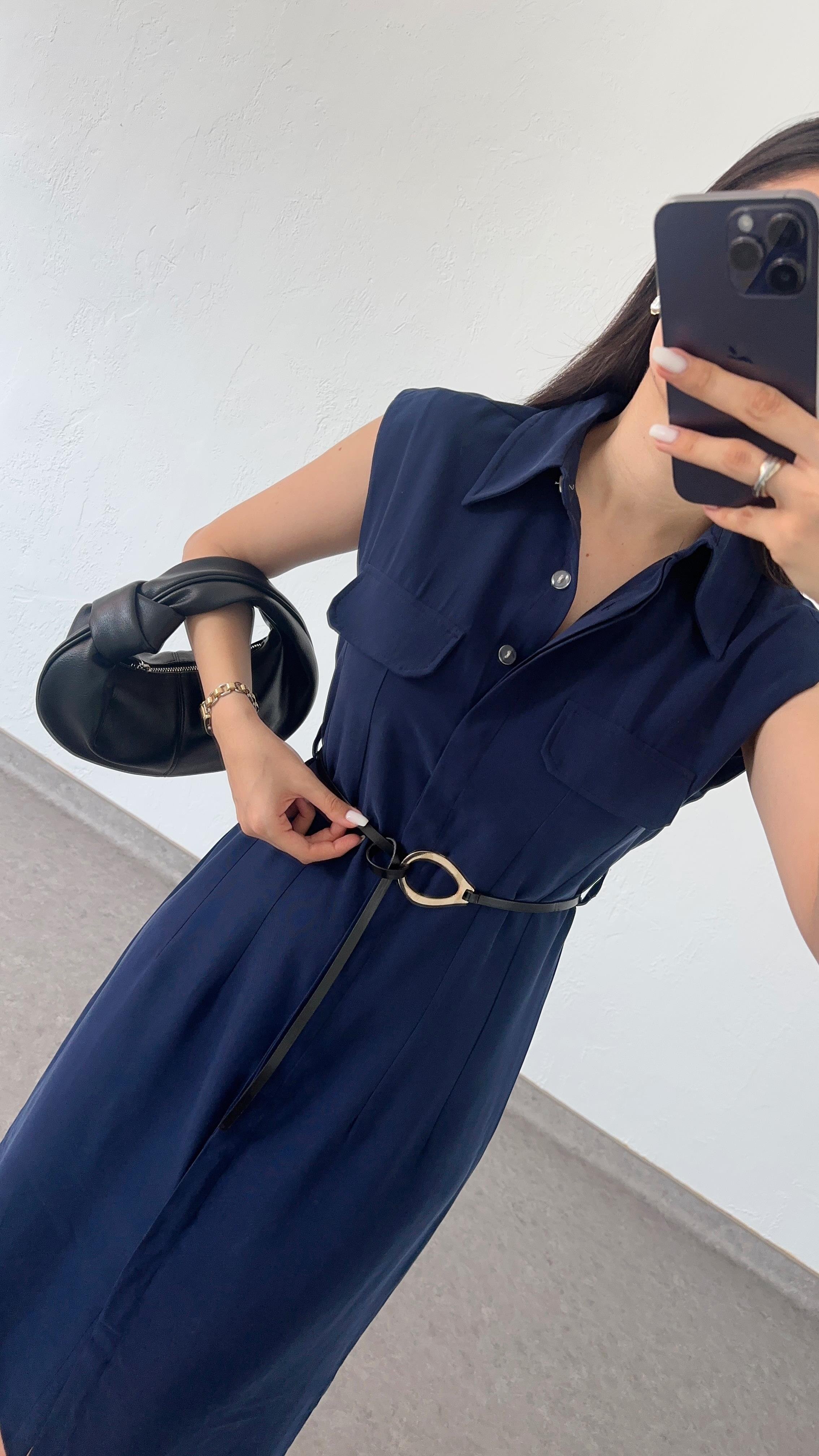 Kemerli Premium Tencel Lacivert Elbise