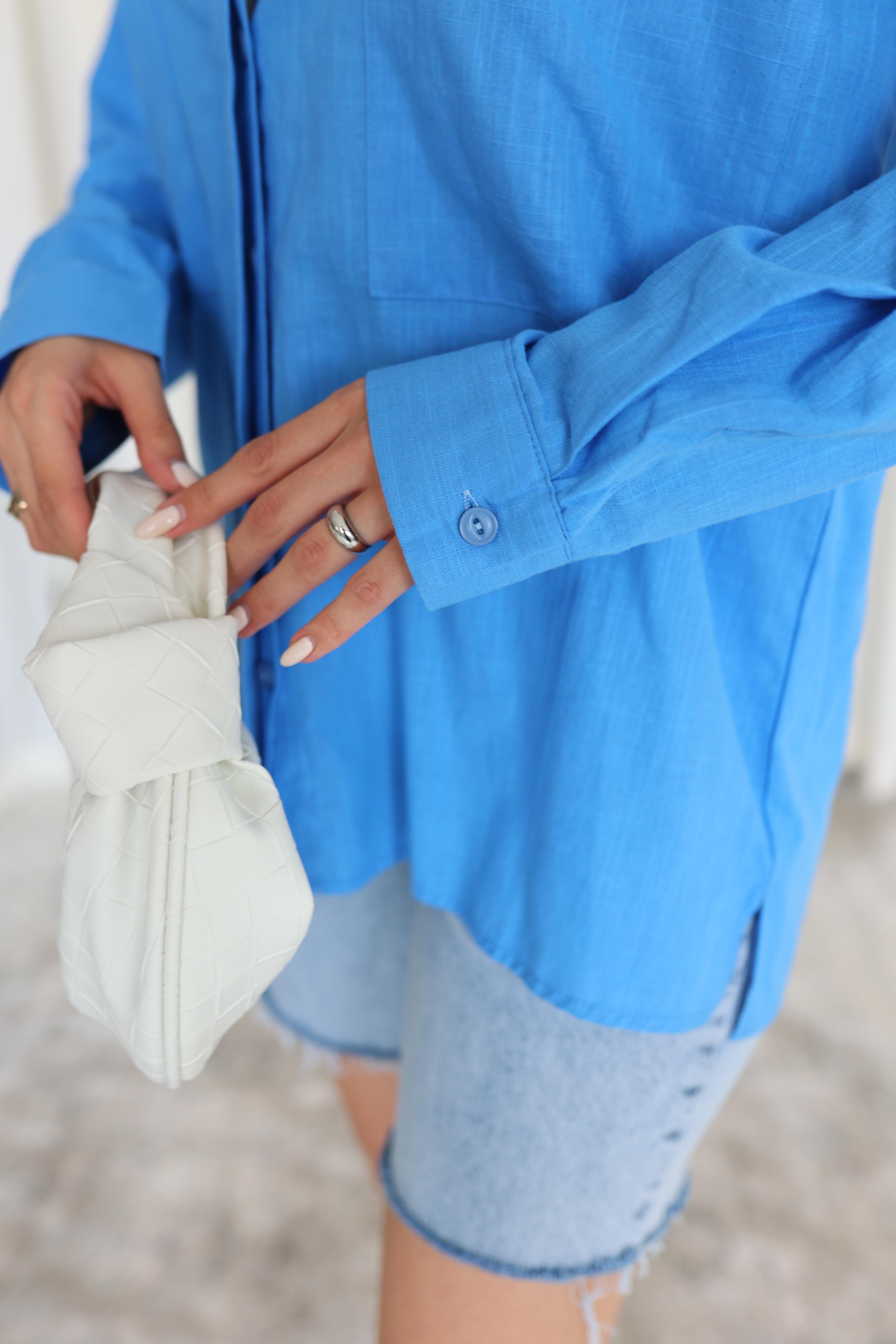 Keten Karışımlı Mavi Oversize Gömlek