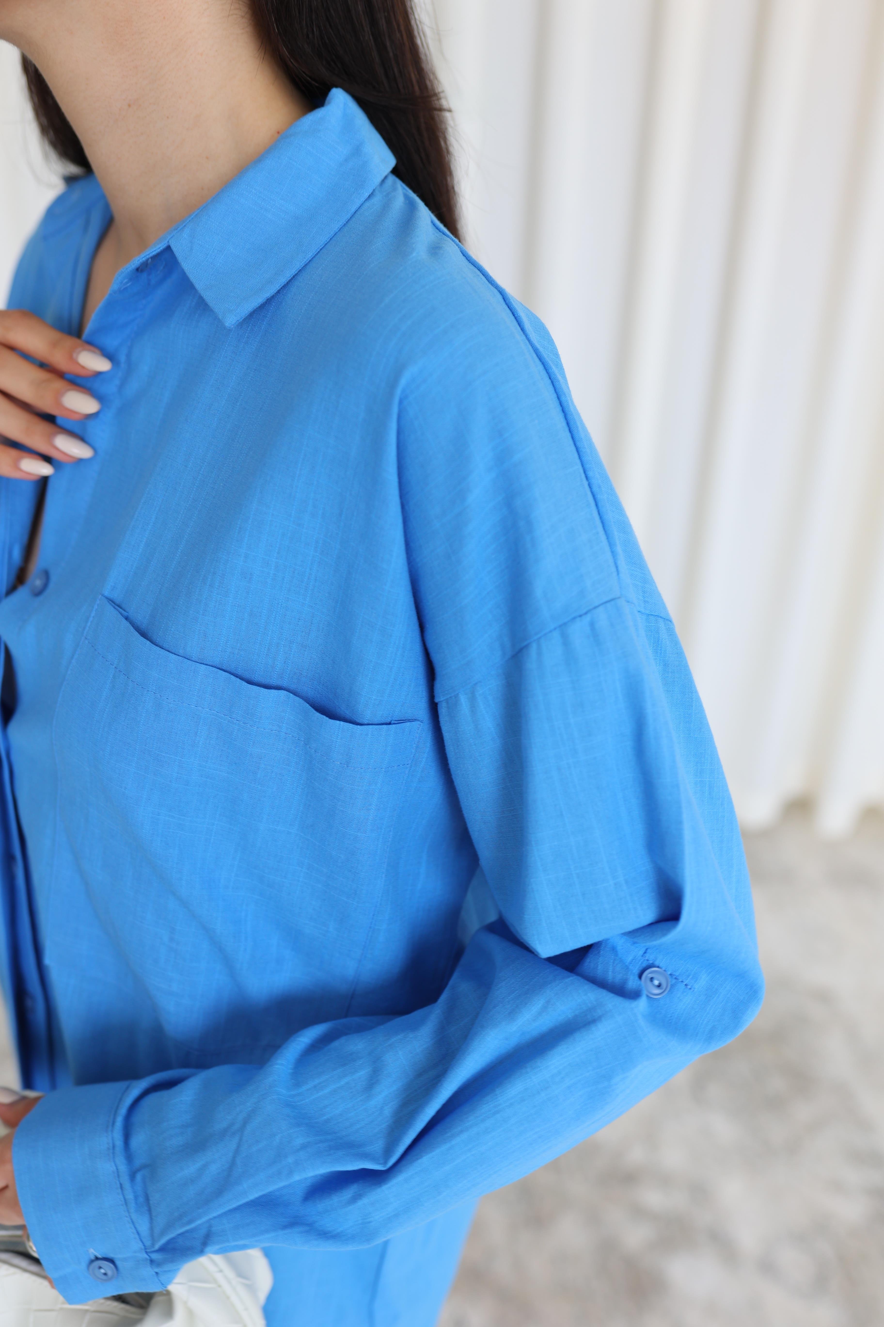 Keten Karışımlı Mavi Oversize Gömlek
