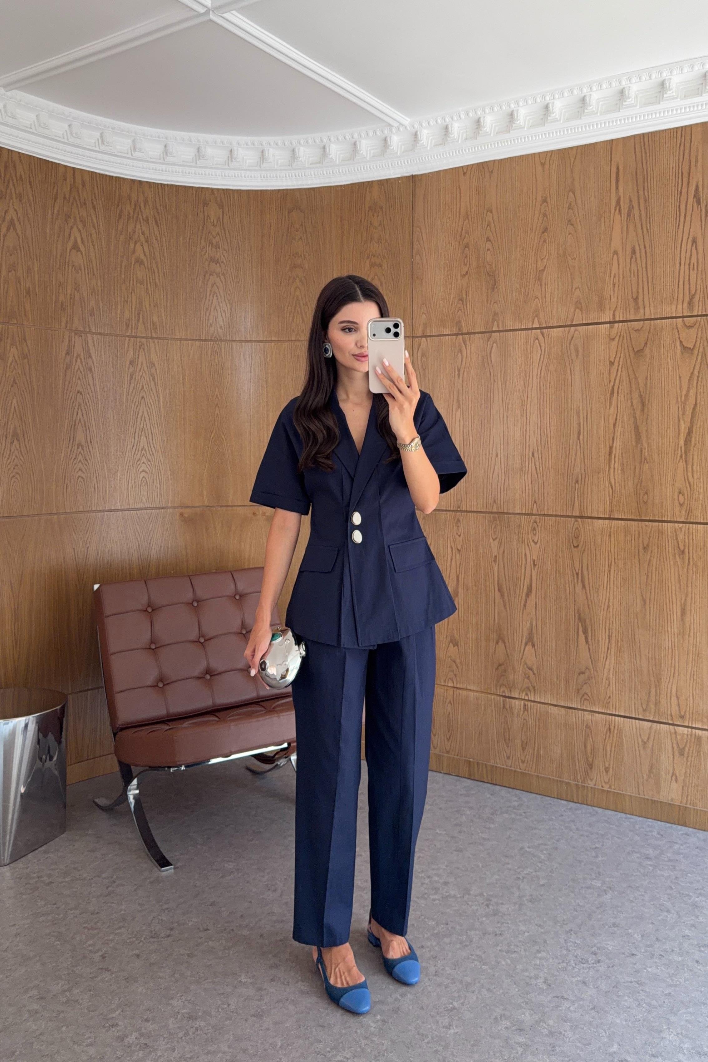 Kısa Kollu Blazer-Pantolon Lacivert Takım