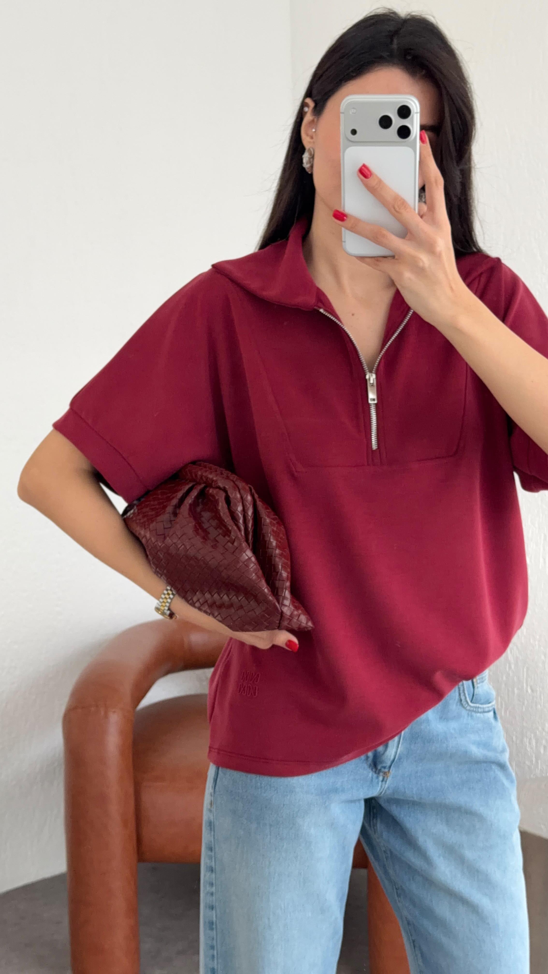 Kısa Kollu Modal Bordo Sweat