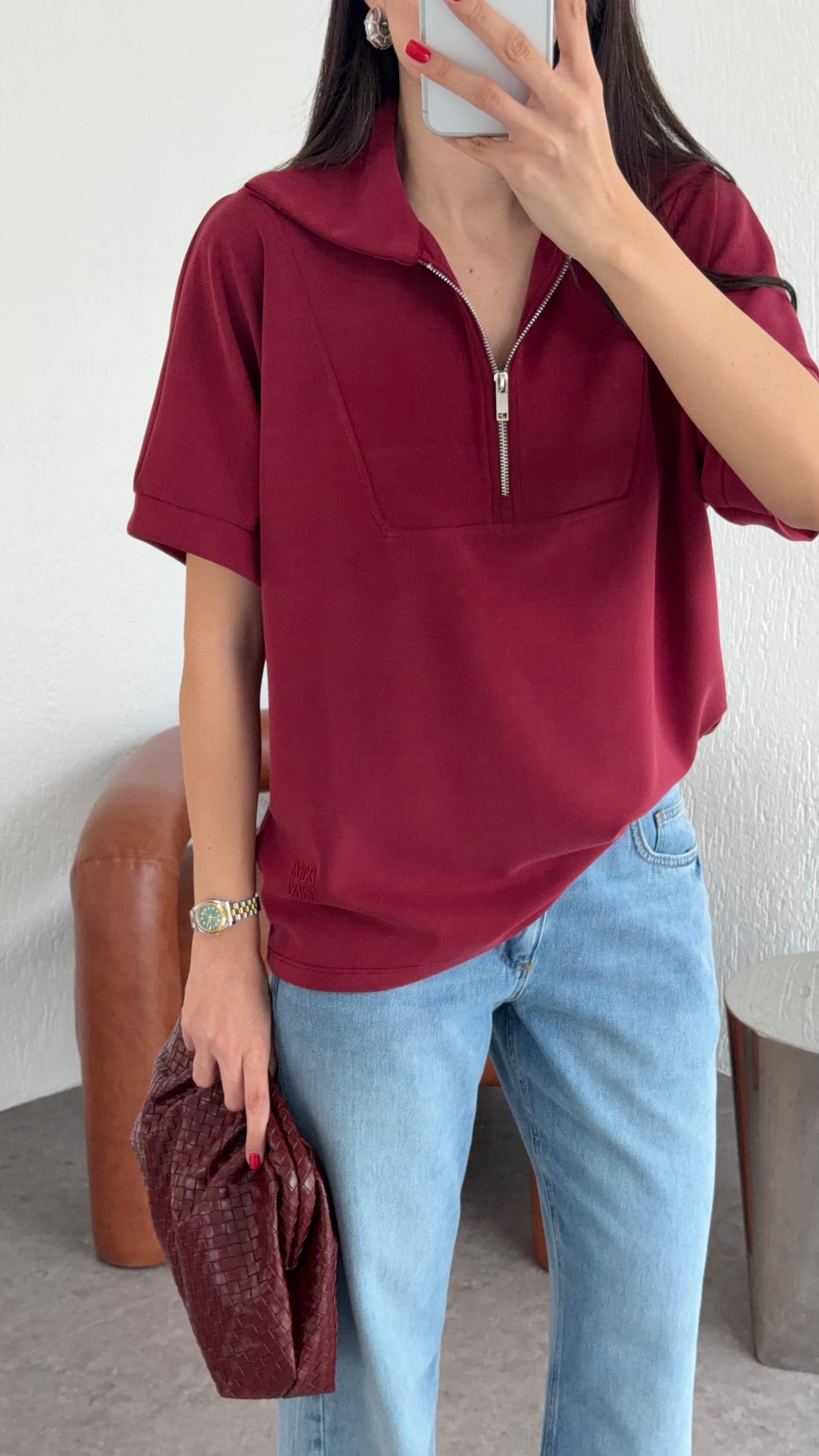 Kısa Kollu Modal Bordo Sweat