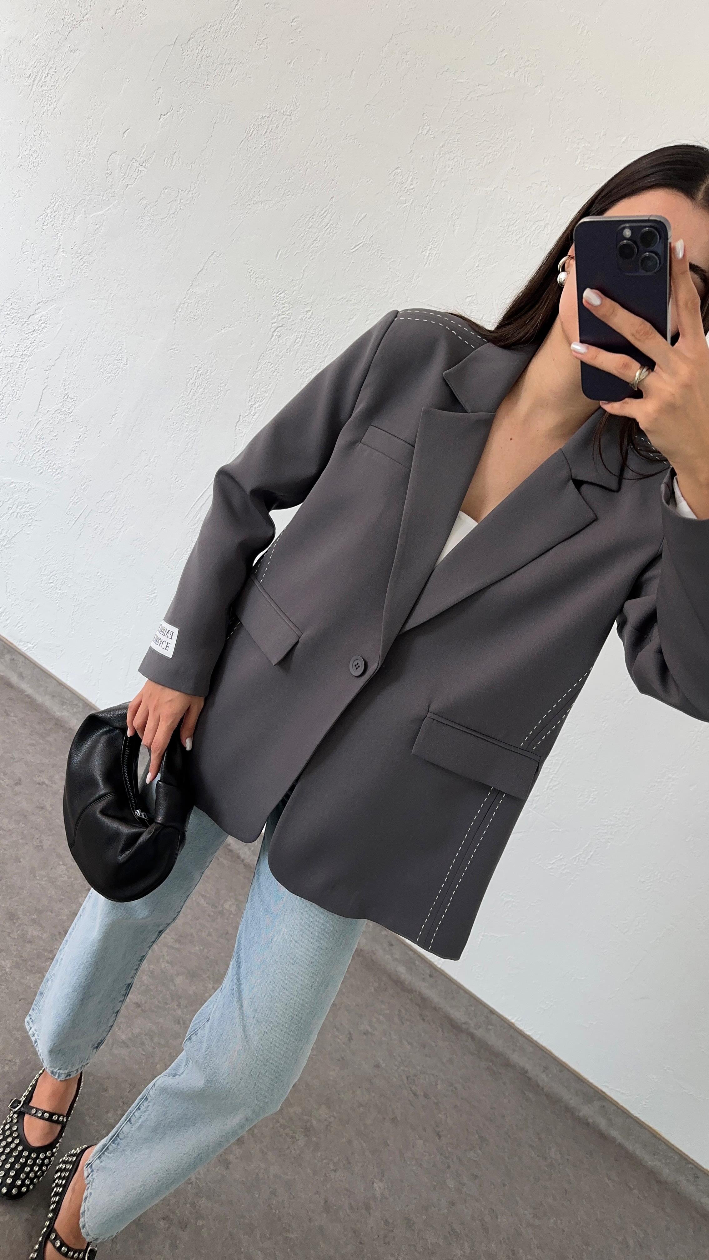 Kontrast Dikişli Antrasit Blazer Ceket