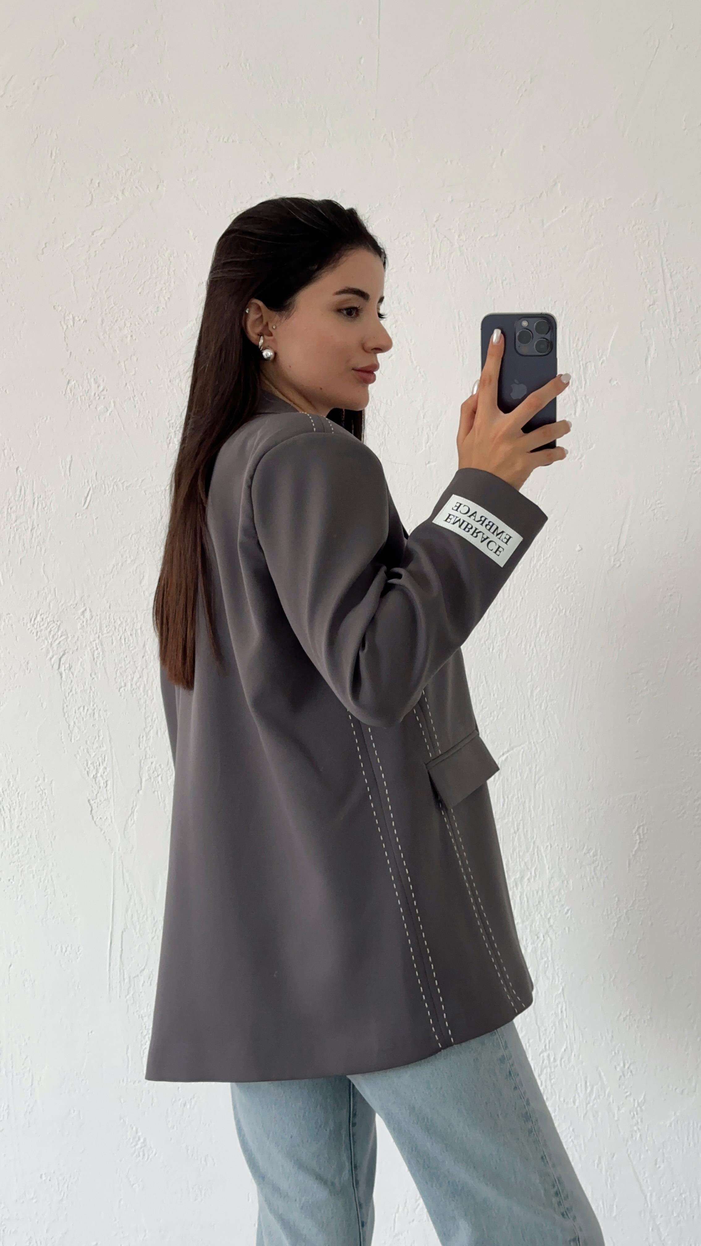 Kontrast Dikişli Antrasit Blazer Ceket