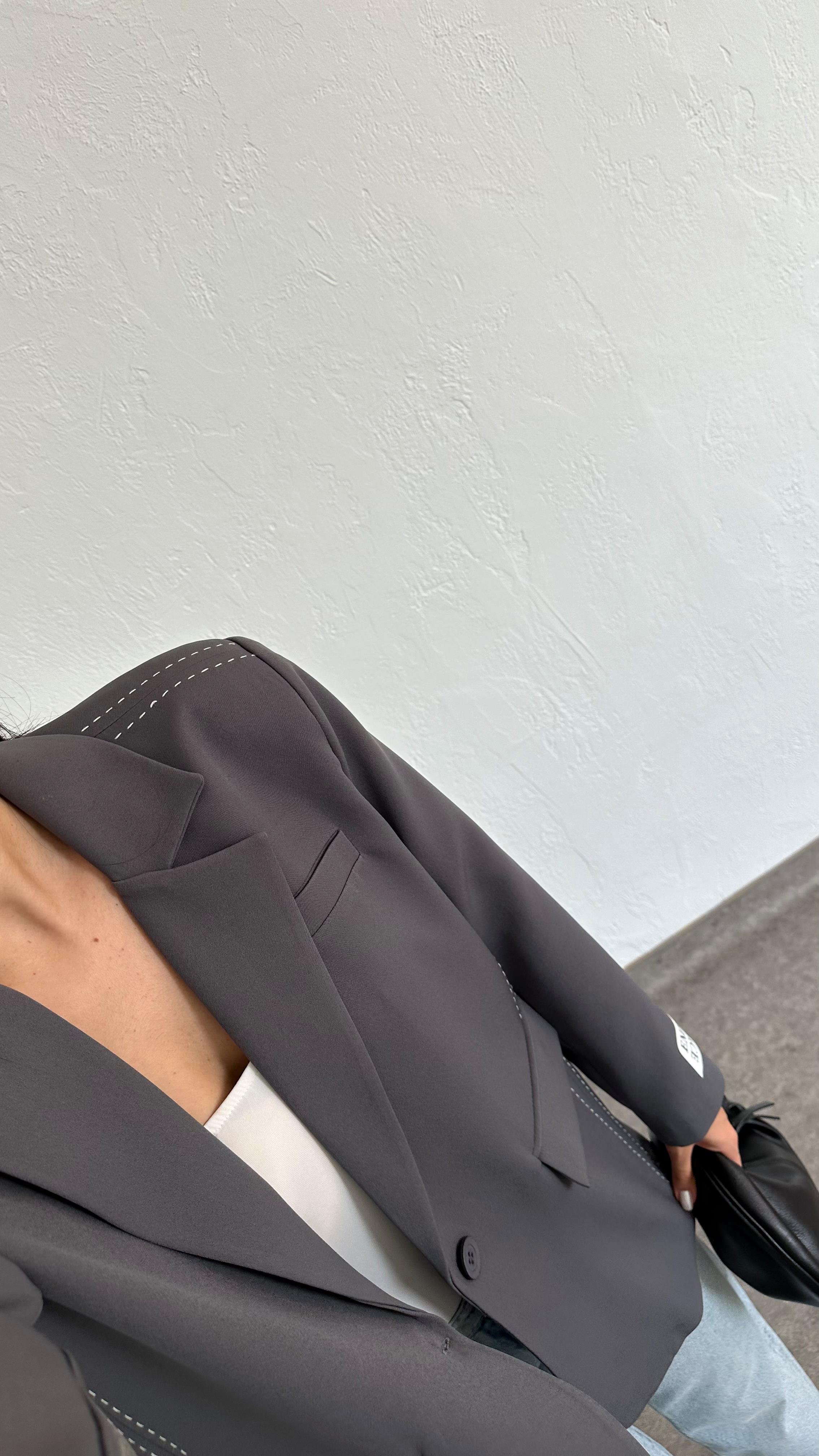 Kontrast Dikişli Antrasit Blazer Ceket