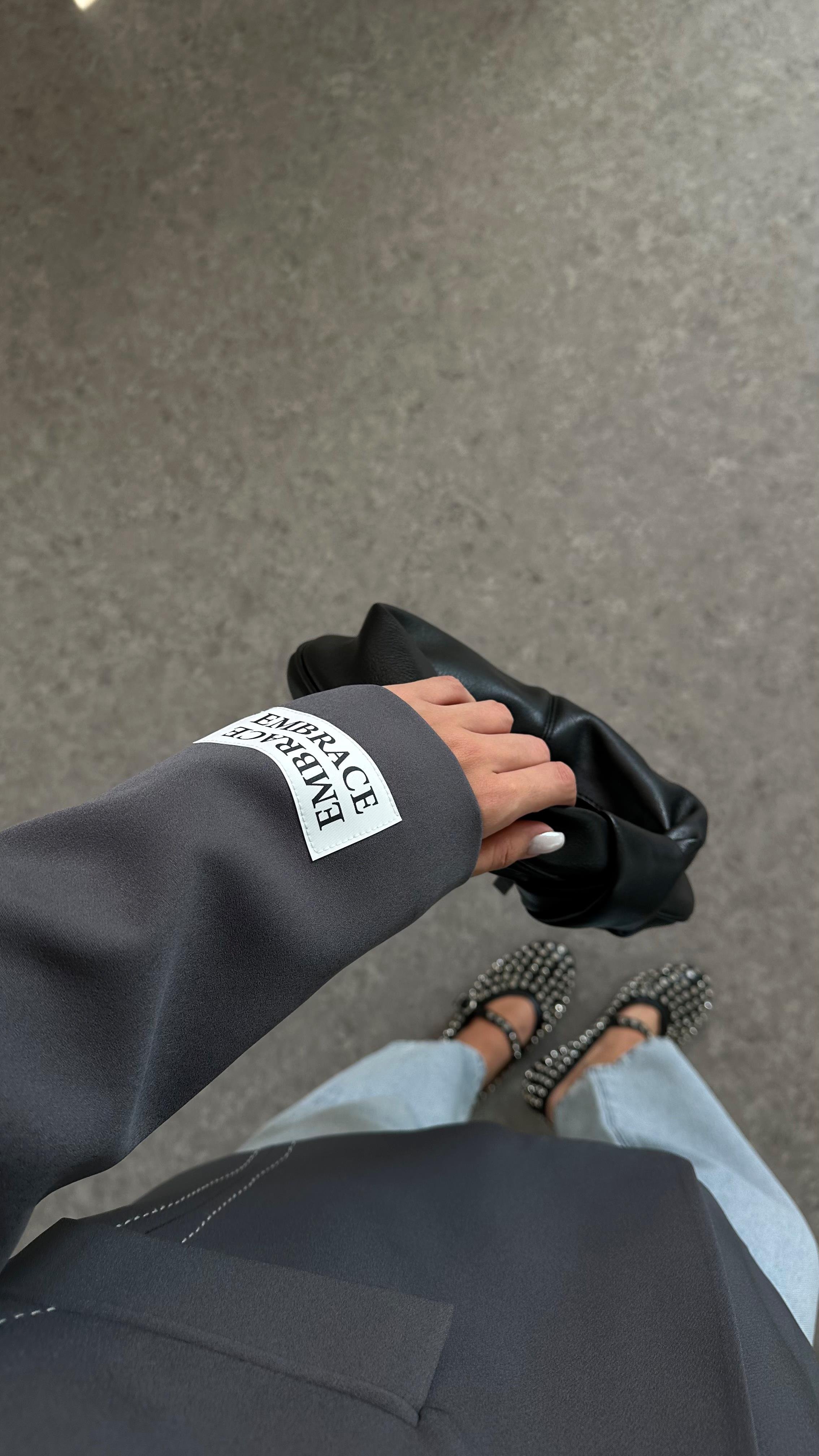 Kontrast Dikişli Antrasit Blazer Ceket