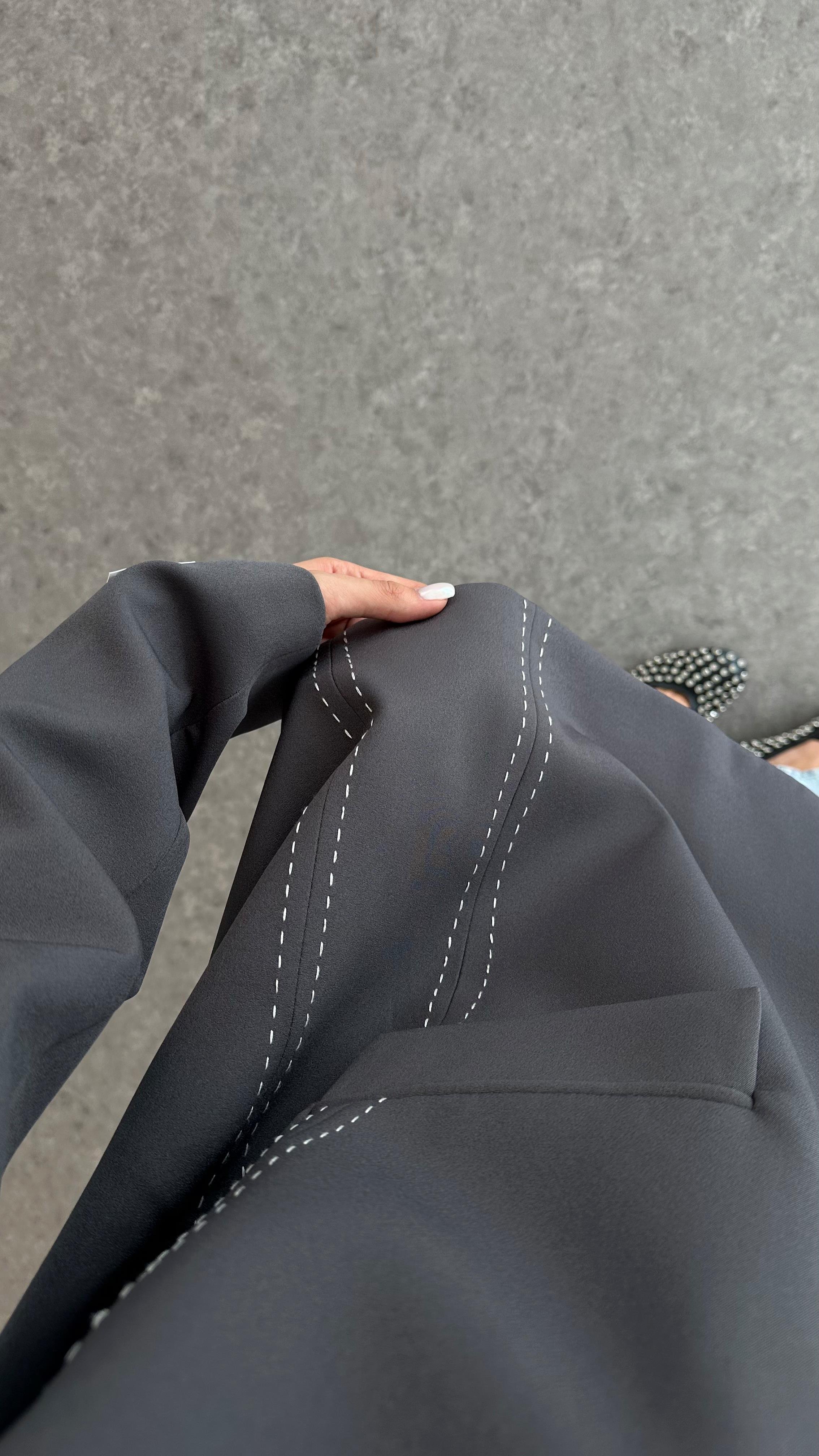 Kontrast Dikişli Antrasit Blazer Ceket