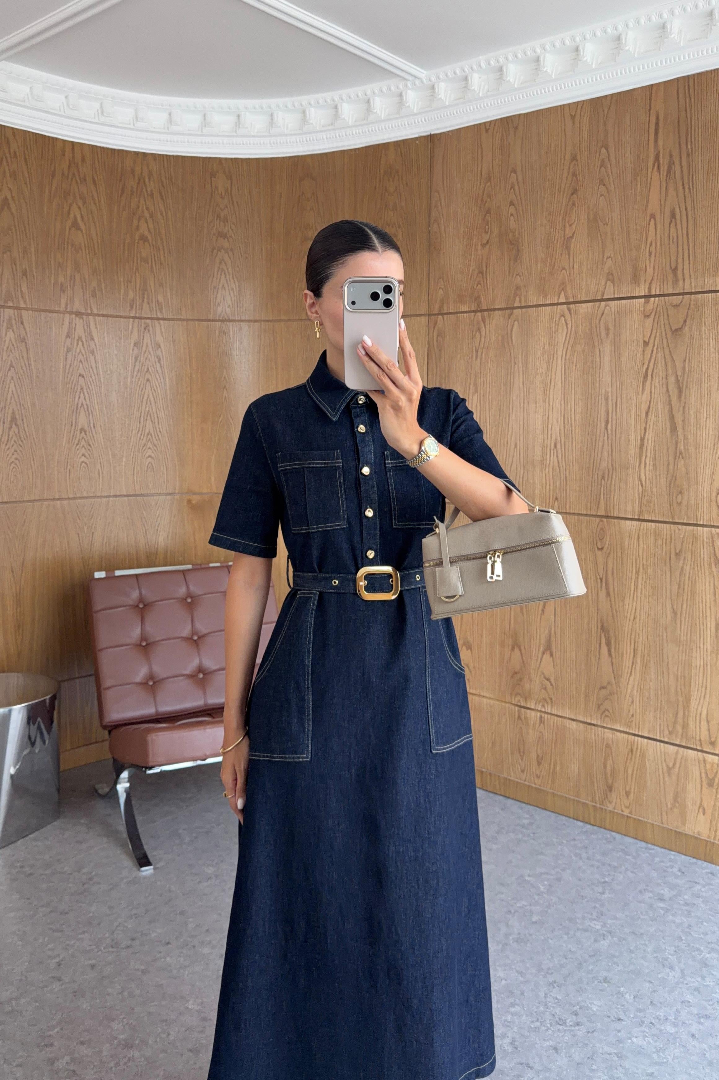 Kontrast Dikişli Kemerli Denim Elbise