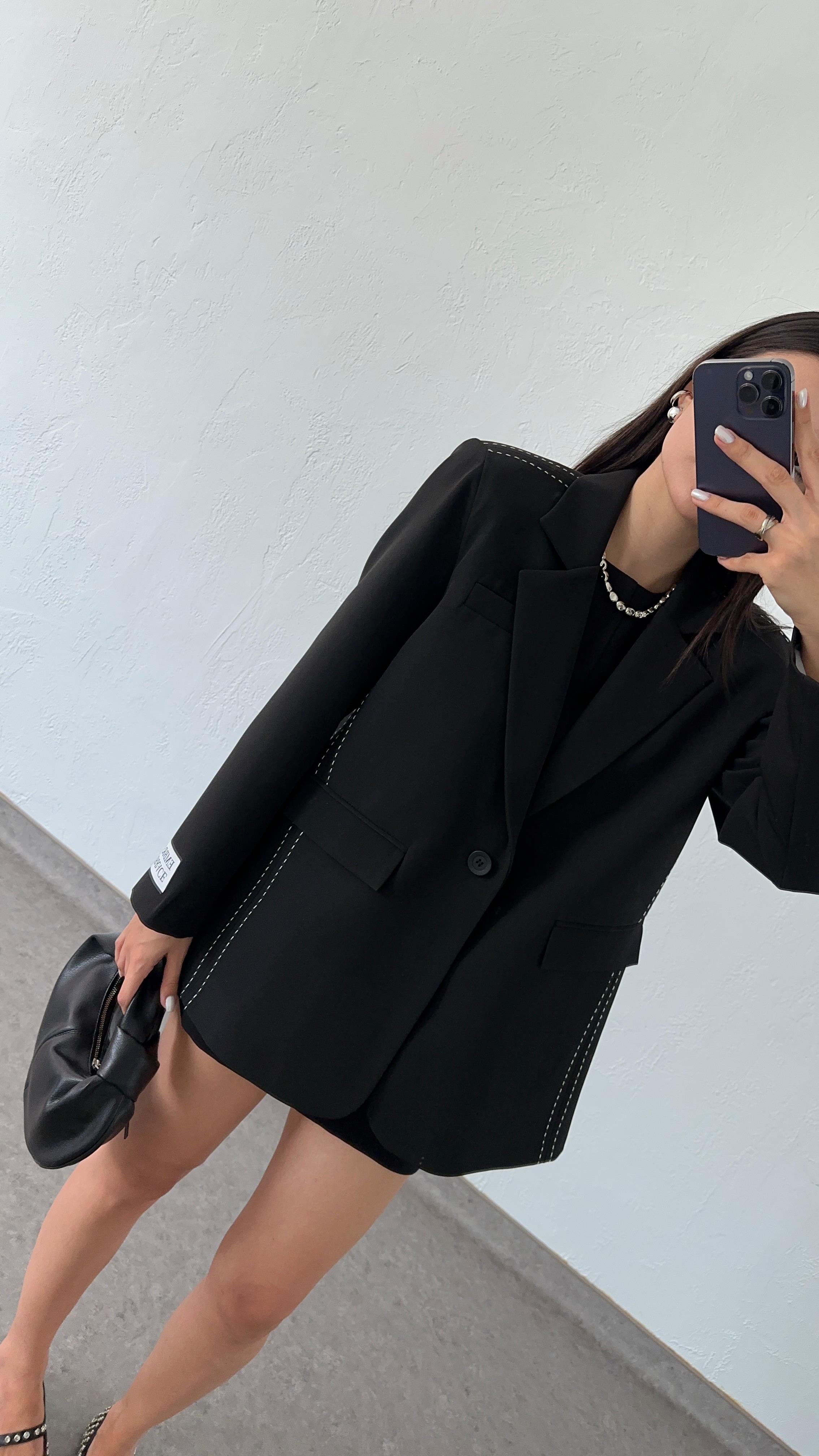Kontrast Dikişli Siyah Blazer Ceket