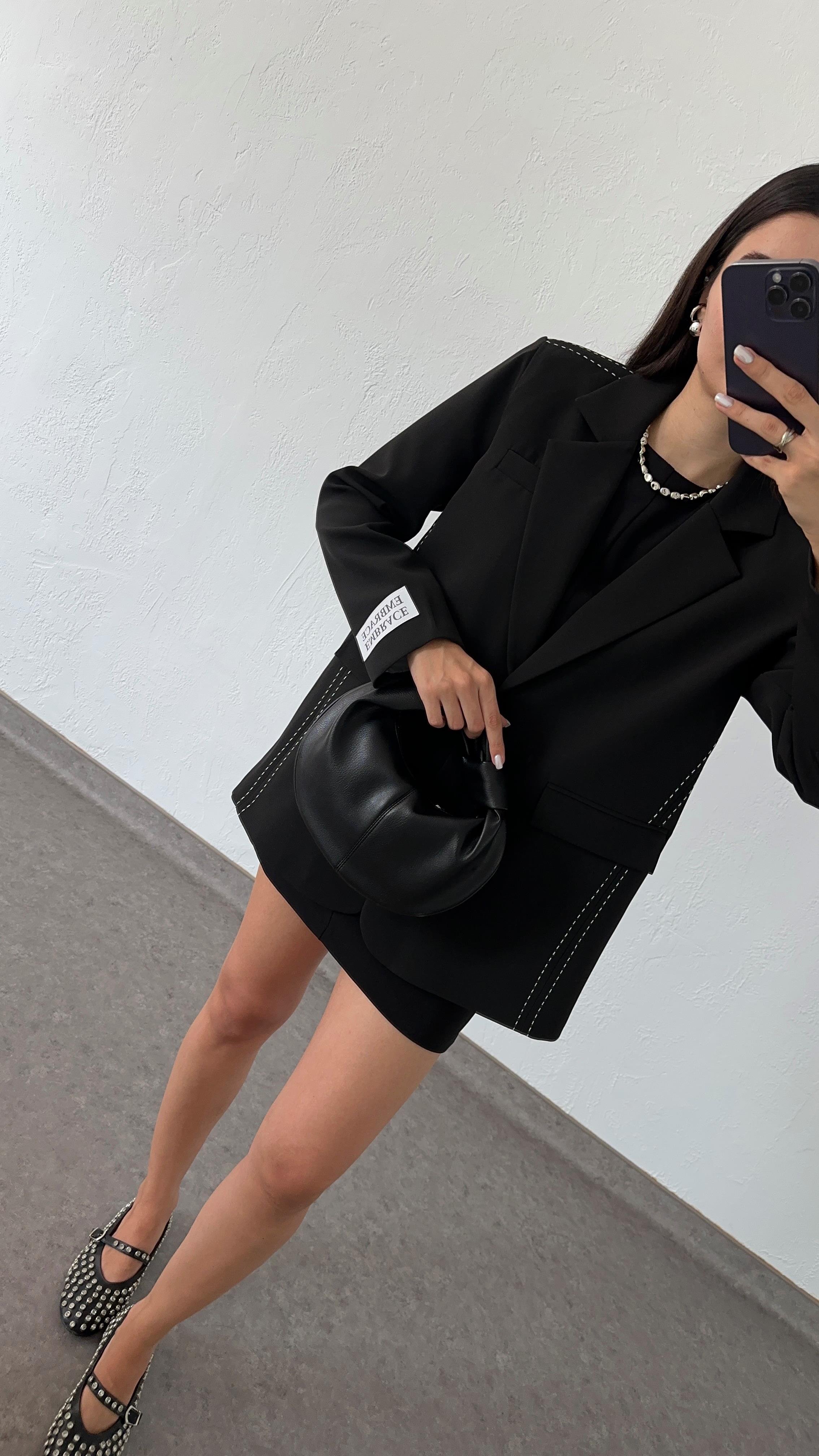 Kontrast Dikişli Siyah Blazer Ceket