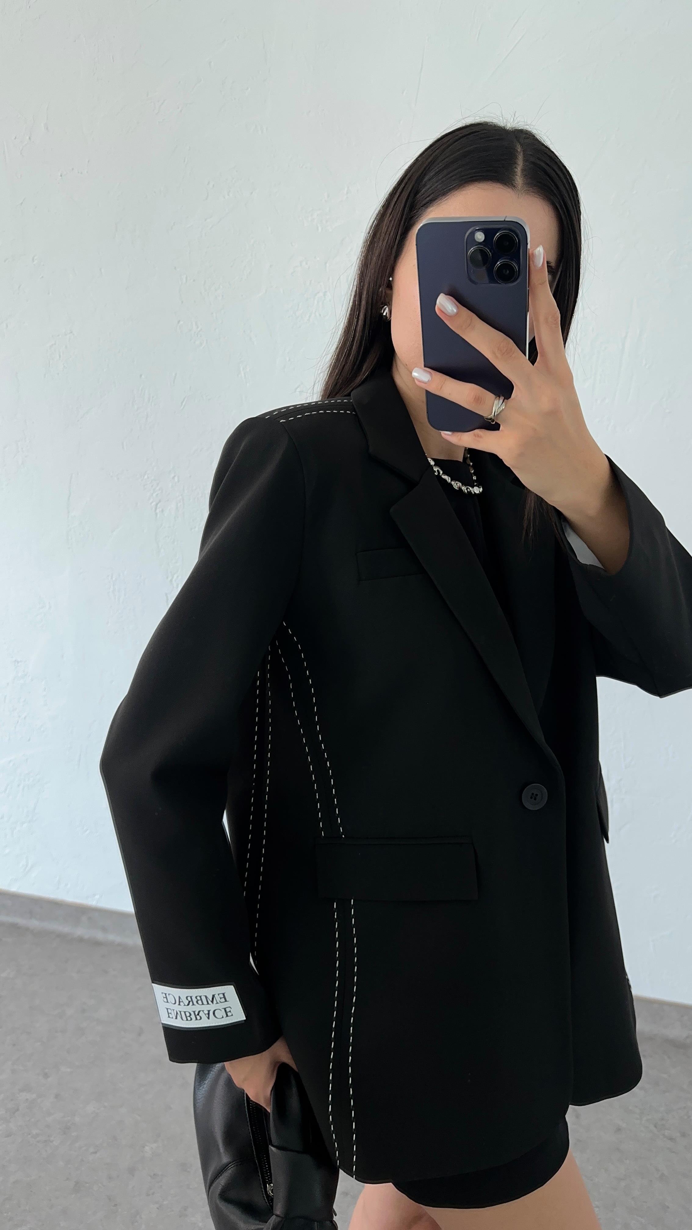 Kontrast Dikişli Siyah Blazer Ceket