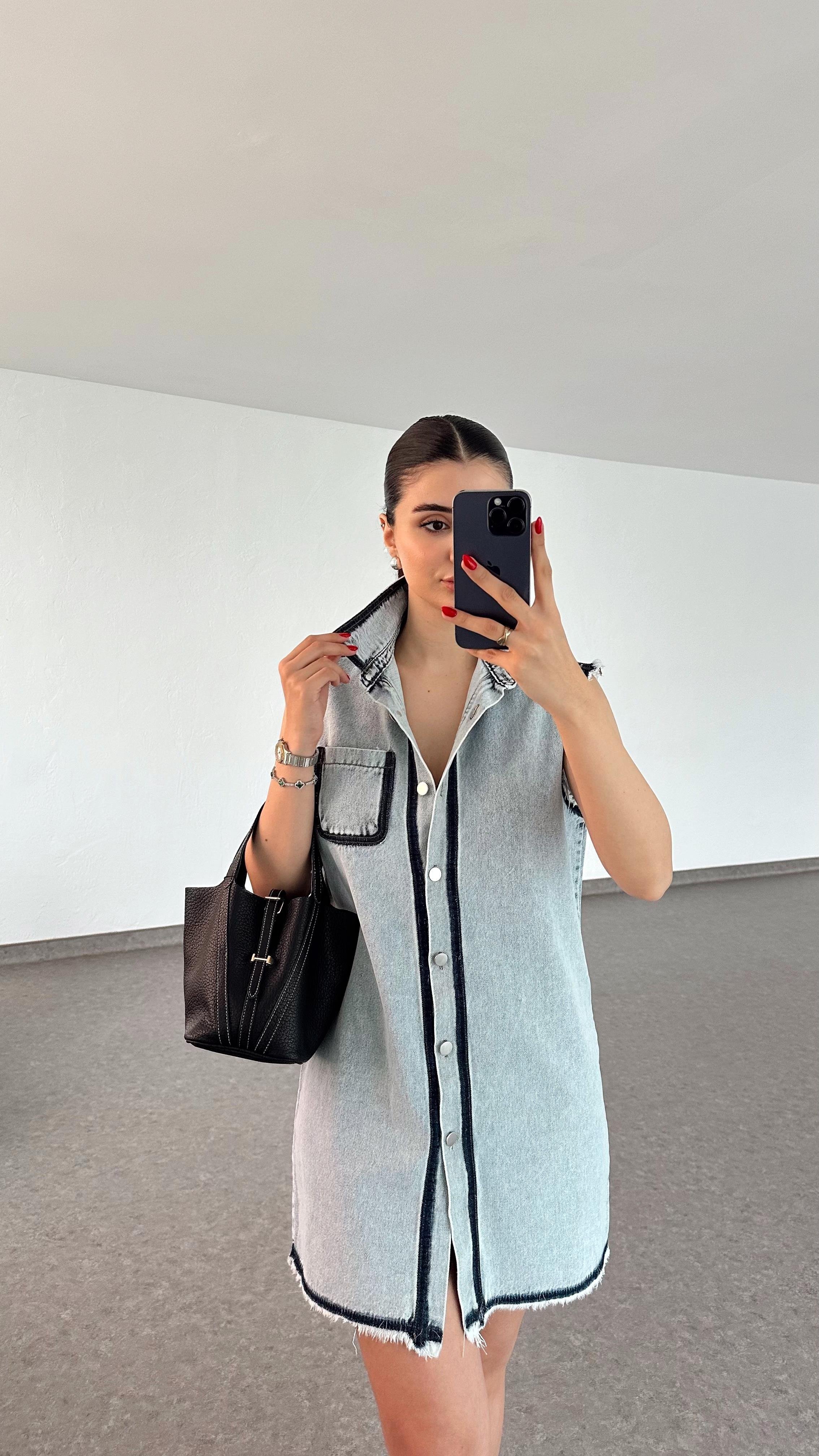 Kontrastlı Denim Elbise