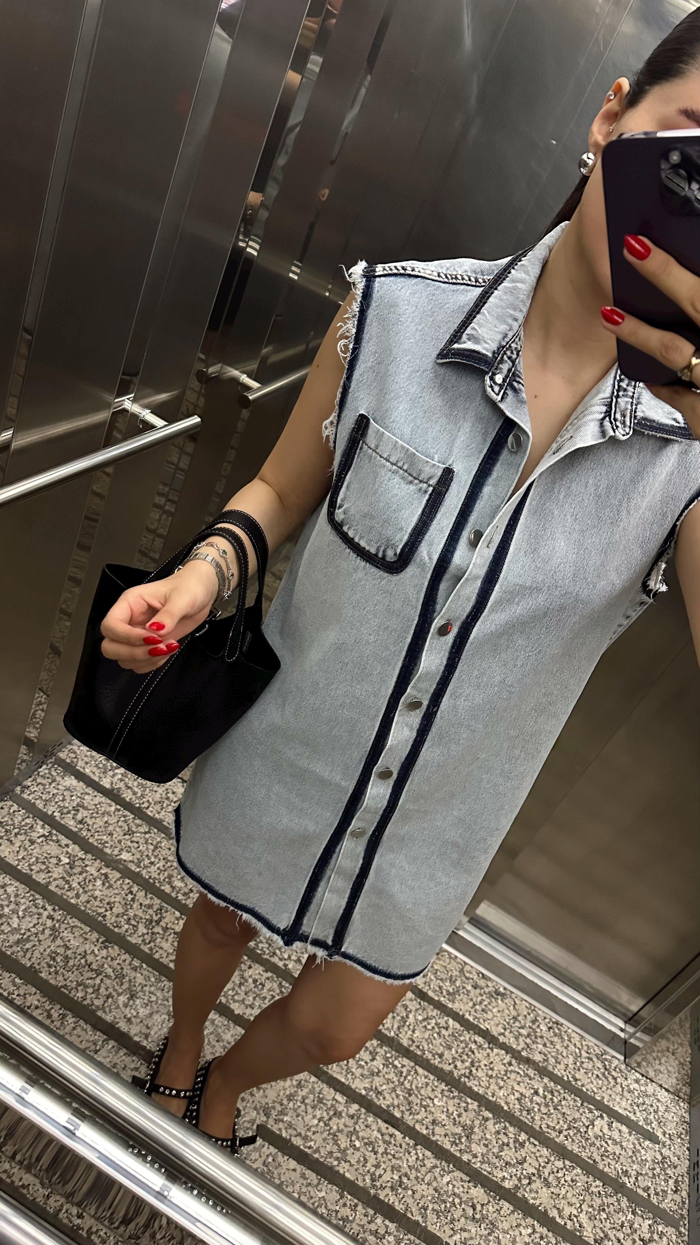 Kontrastlı Denim Elbise