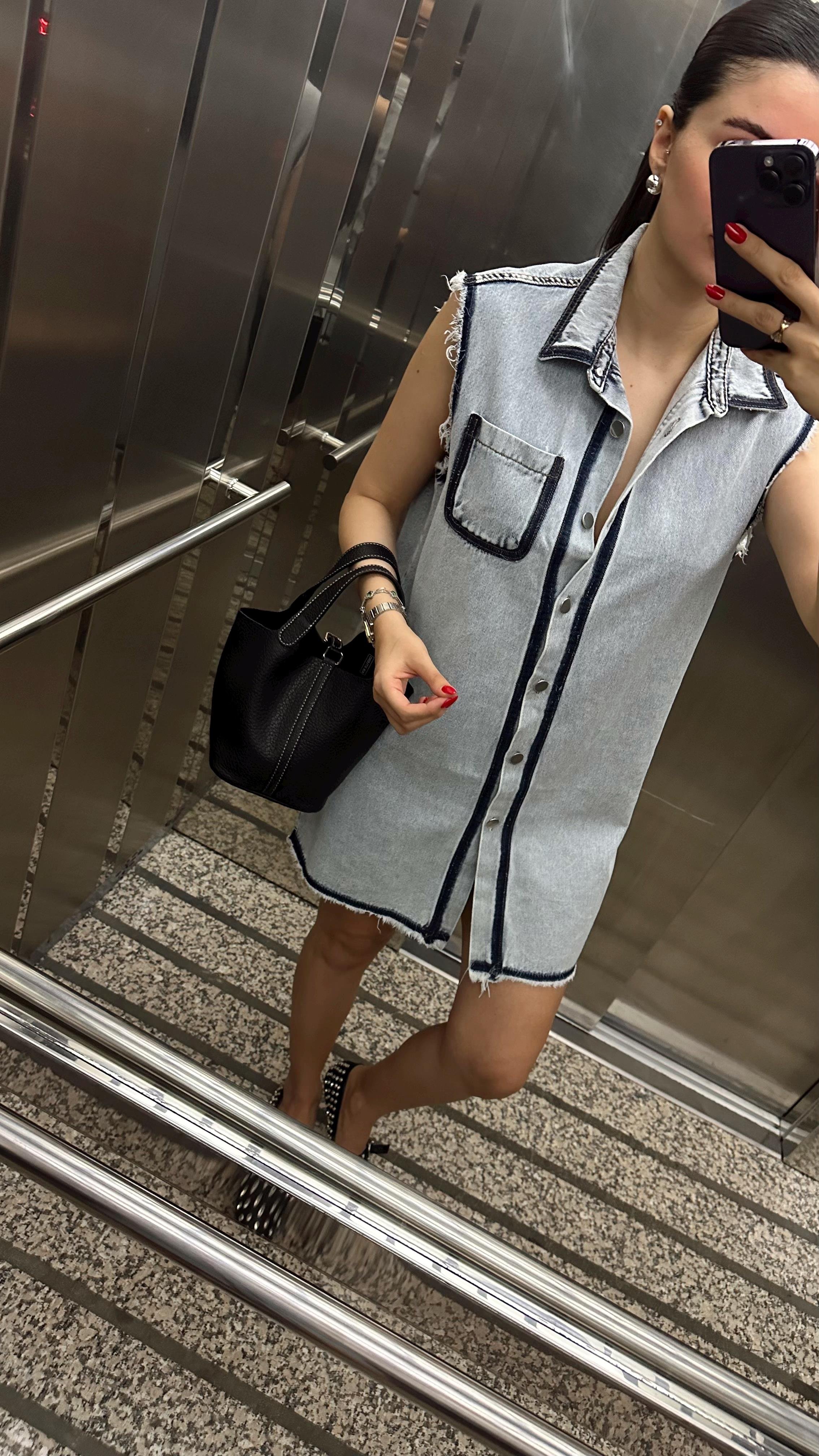 Kontrastlı Denim Elbise