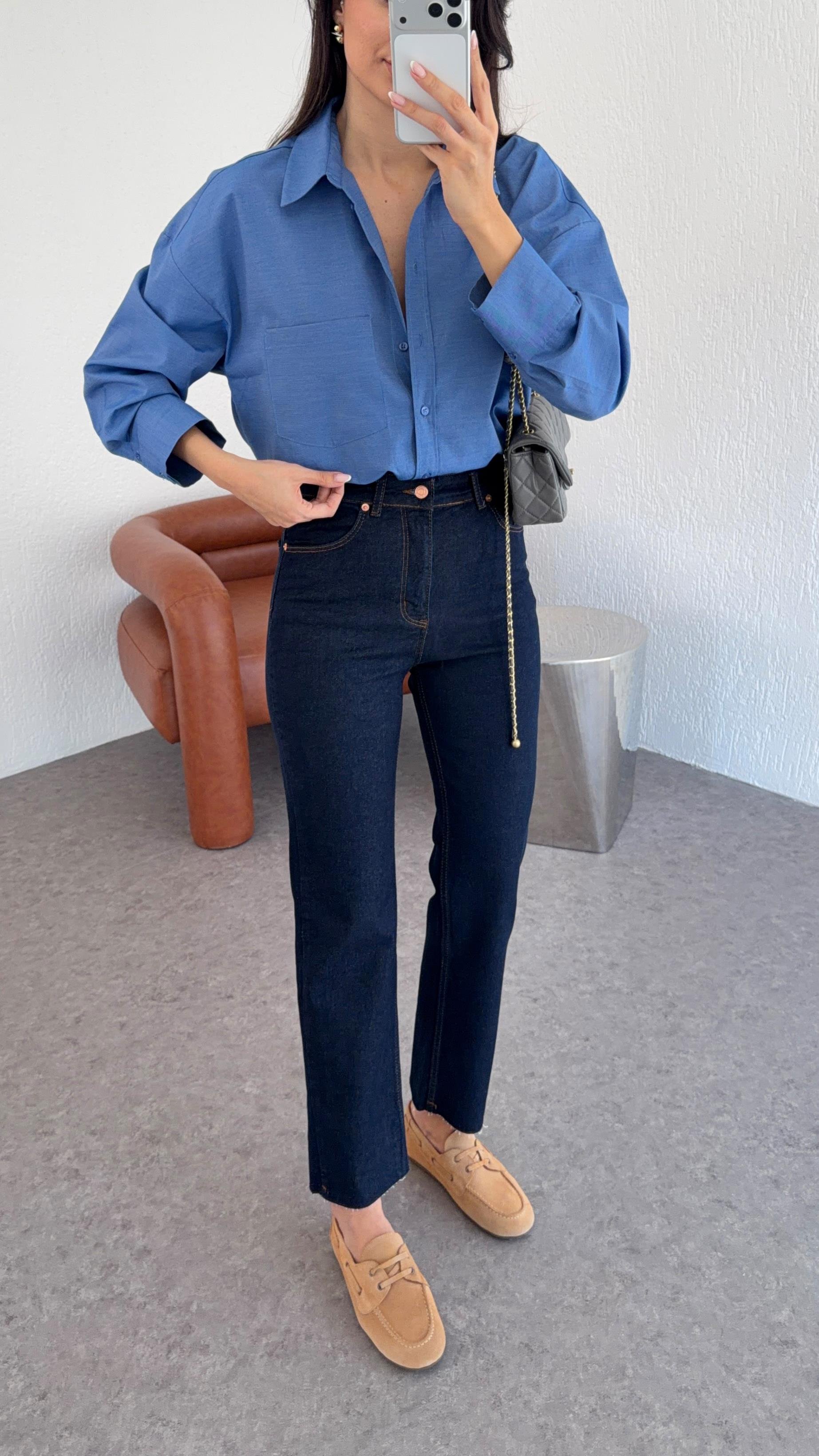 Koyu Lacivert Momfit Jean