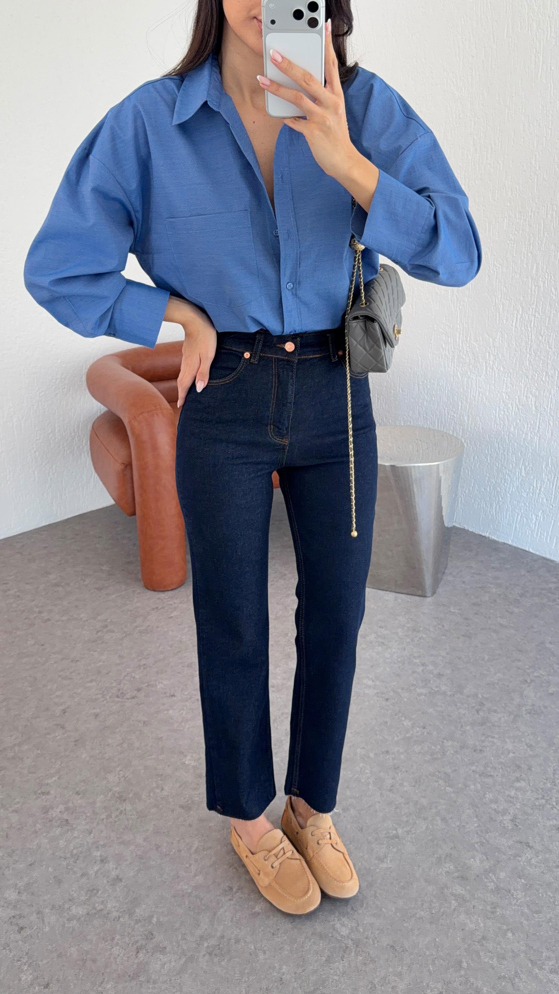 Koyu Lacivert Momfit Jean