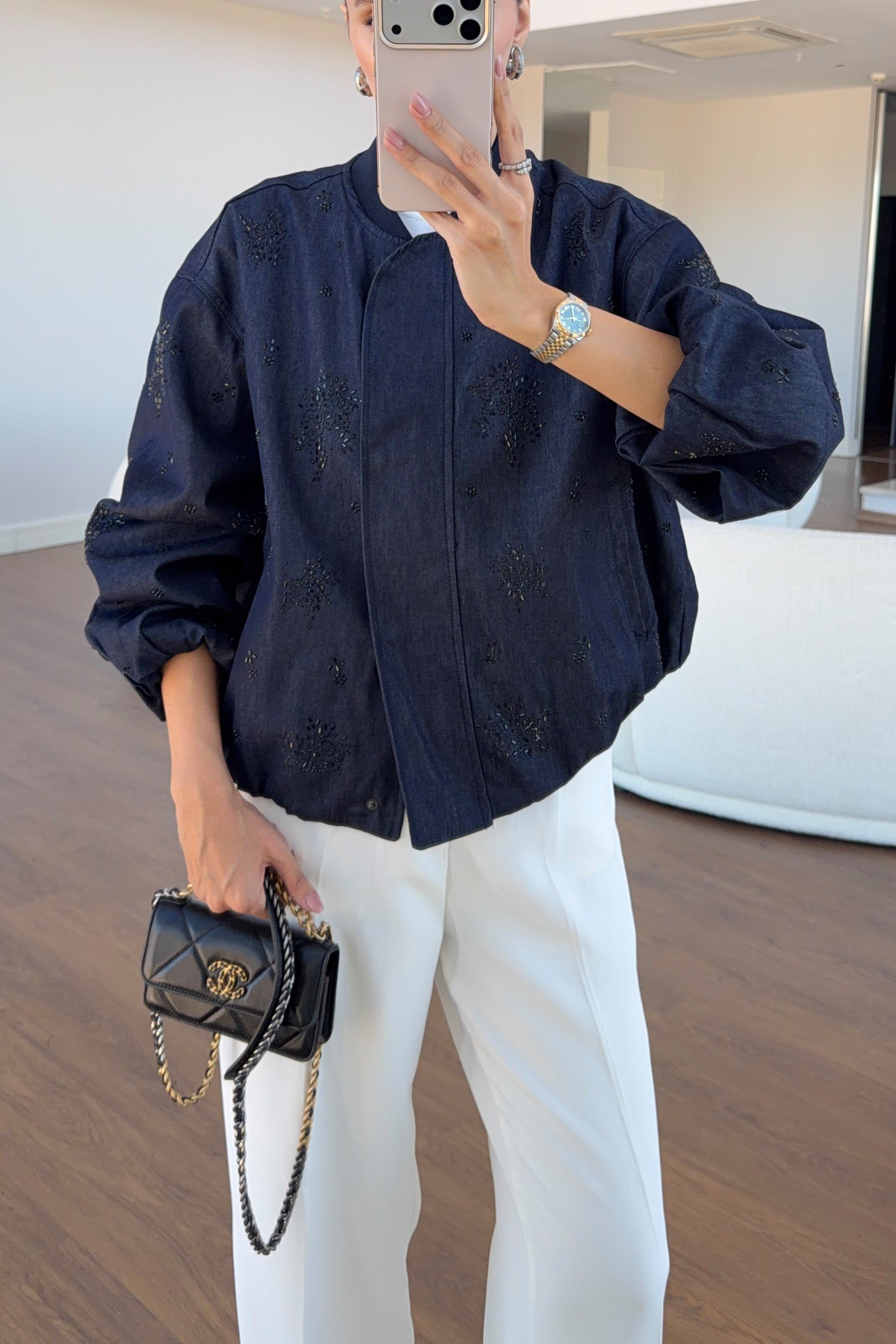 Koyu Taşlı Denim Bomber Ceket