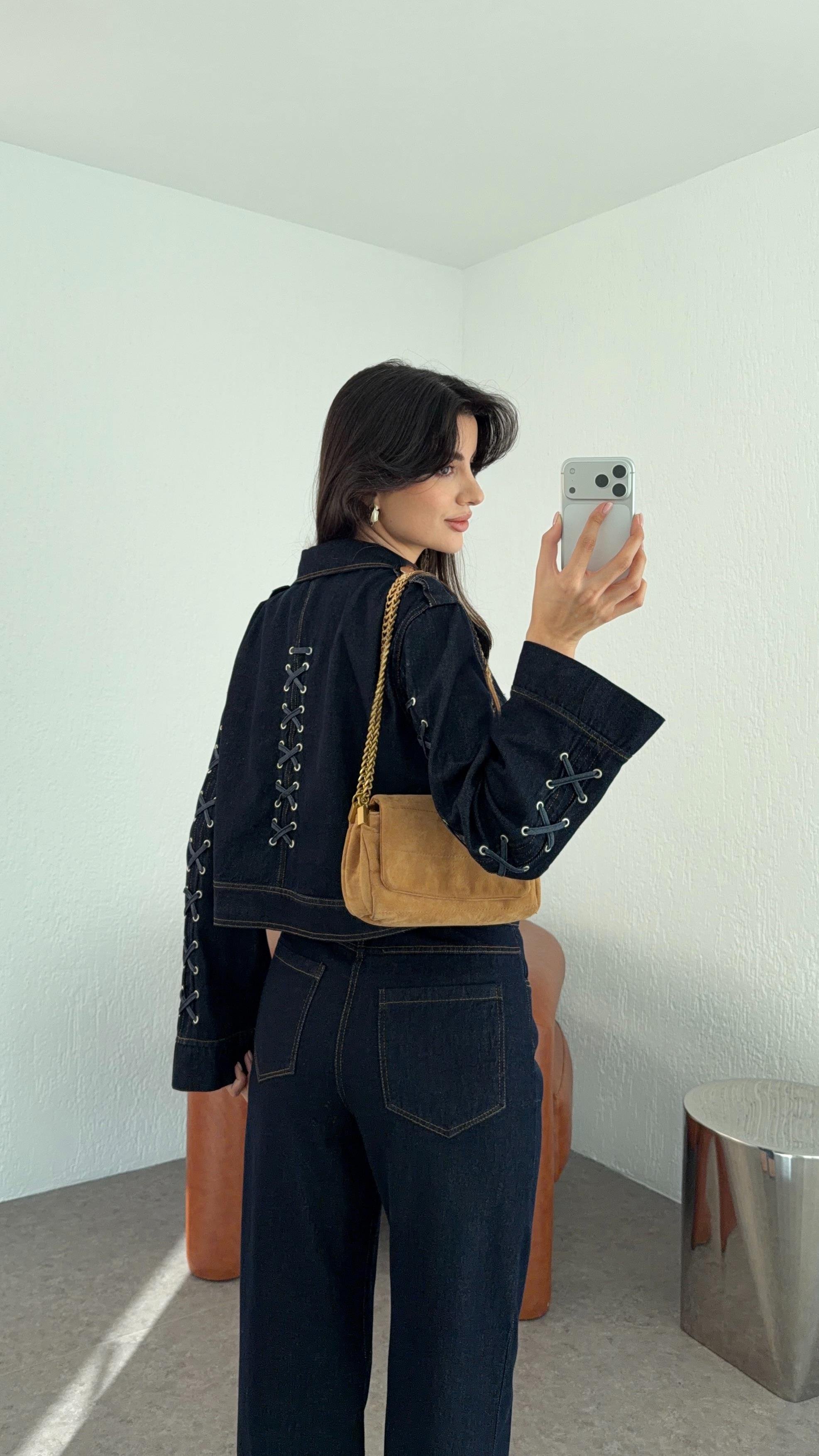 Kuş Gözü Detaylı Denim Takım