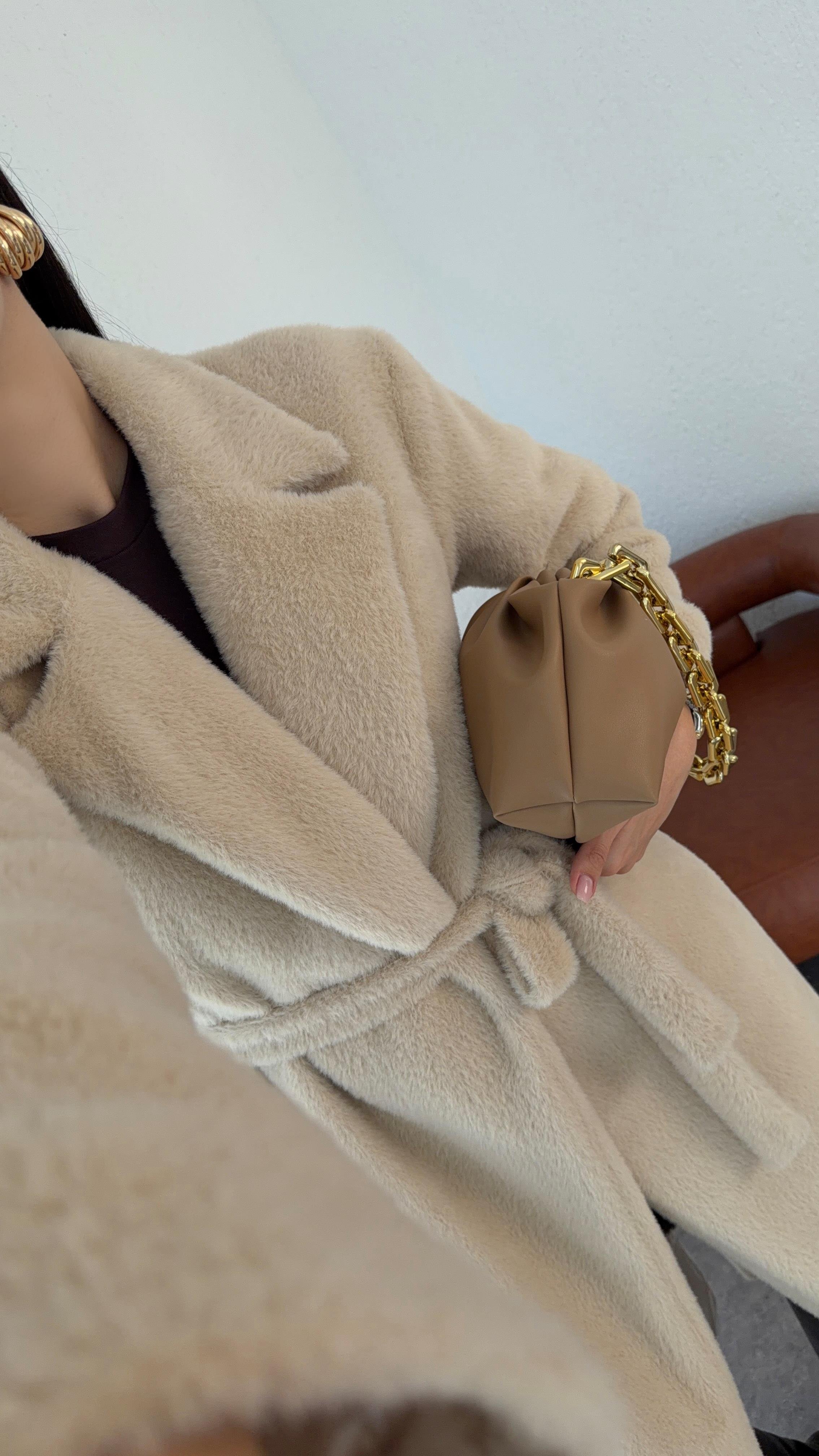 Kuşaklı Premium Krem Uzun Kürk