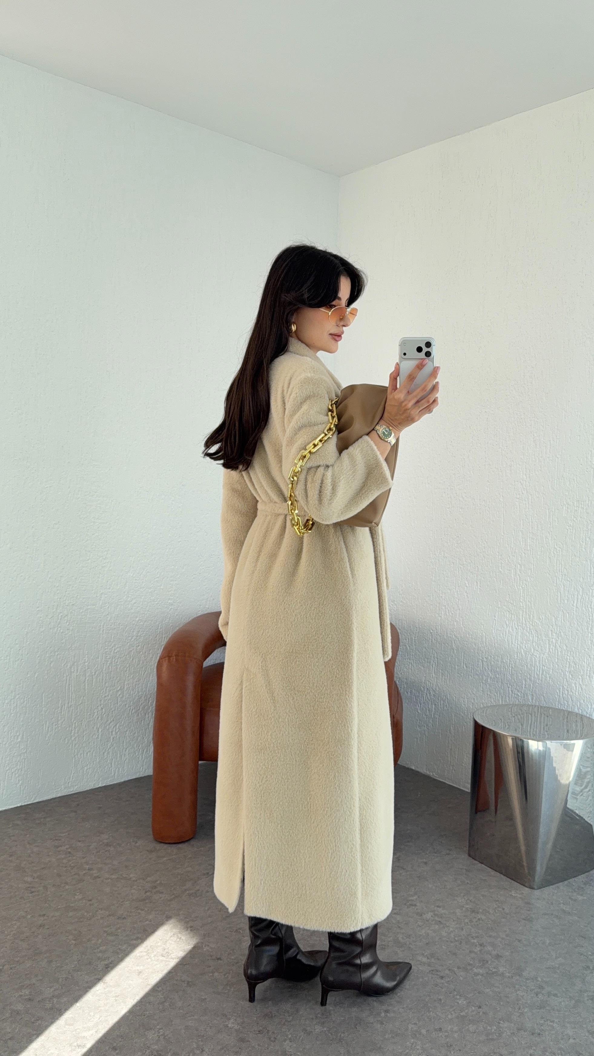 Kuşaklı Premium Krem Uzun Kürk