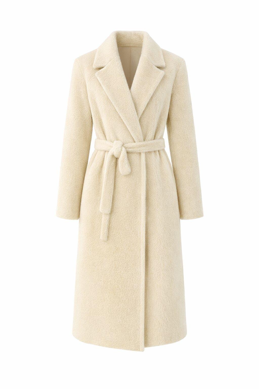 Kuşaklı Premium Krem Uzun Kürk