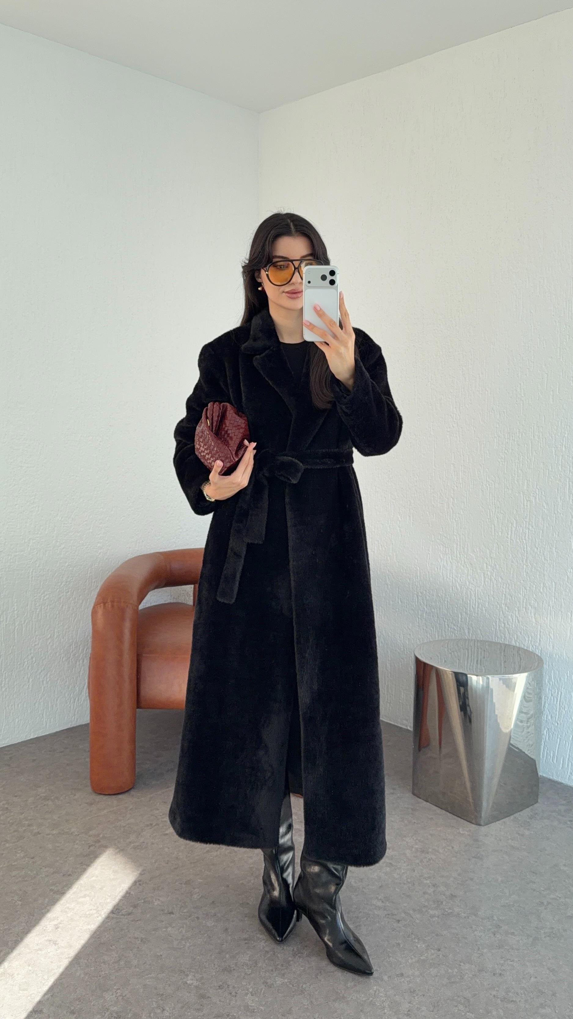 Kuşaklı Premium Siyah Uzun Kürk