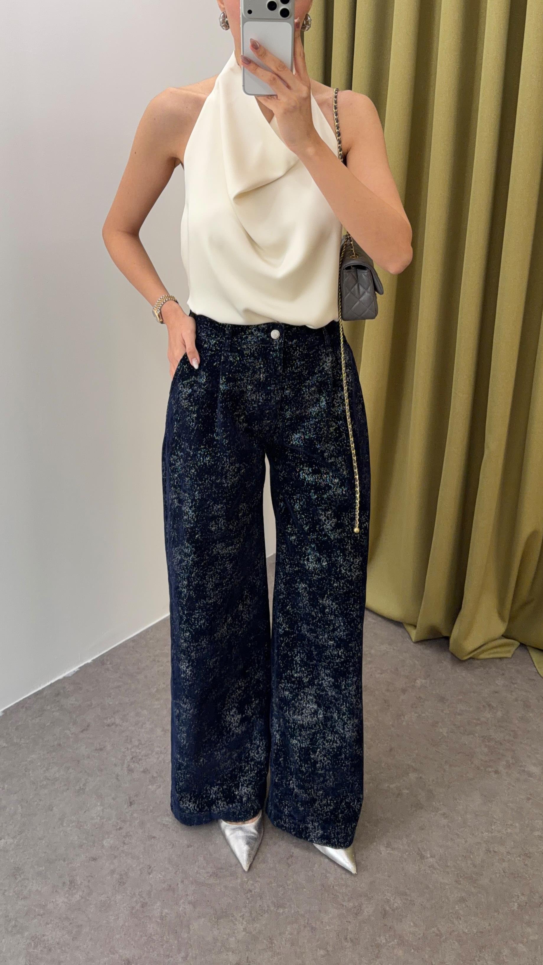 Lacivert-Gümüş Kadife Pantolon