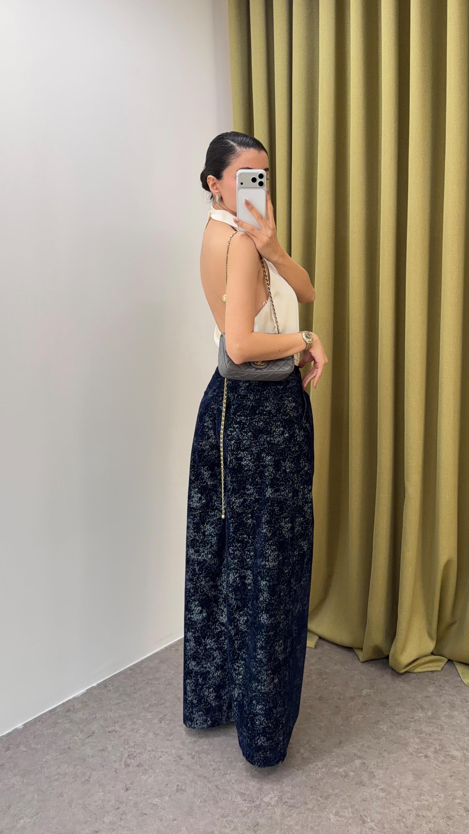 Lacivert-Gümüş Kadife Pantolon