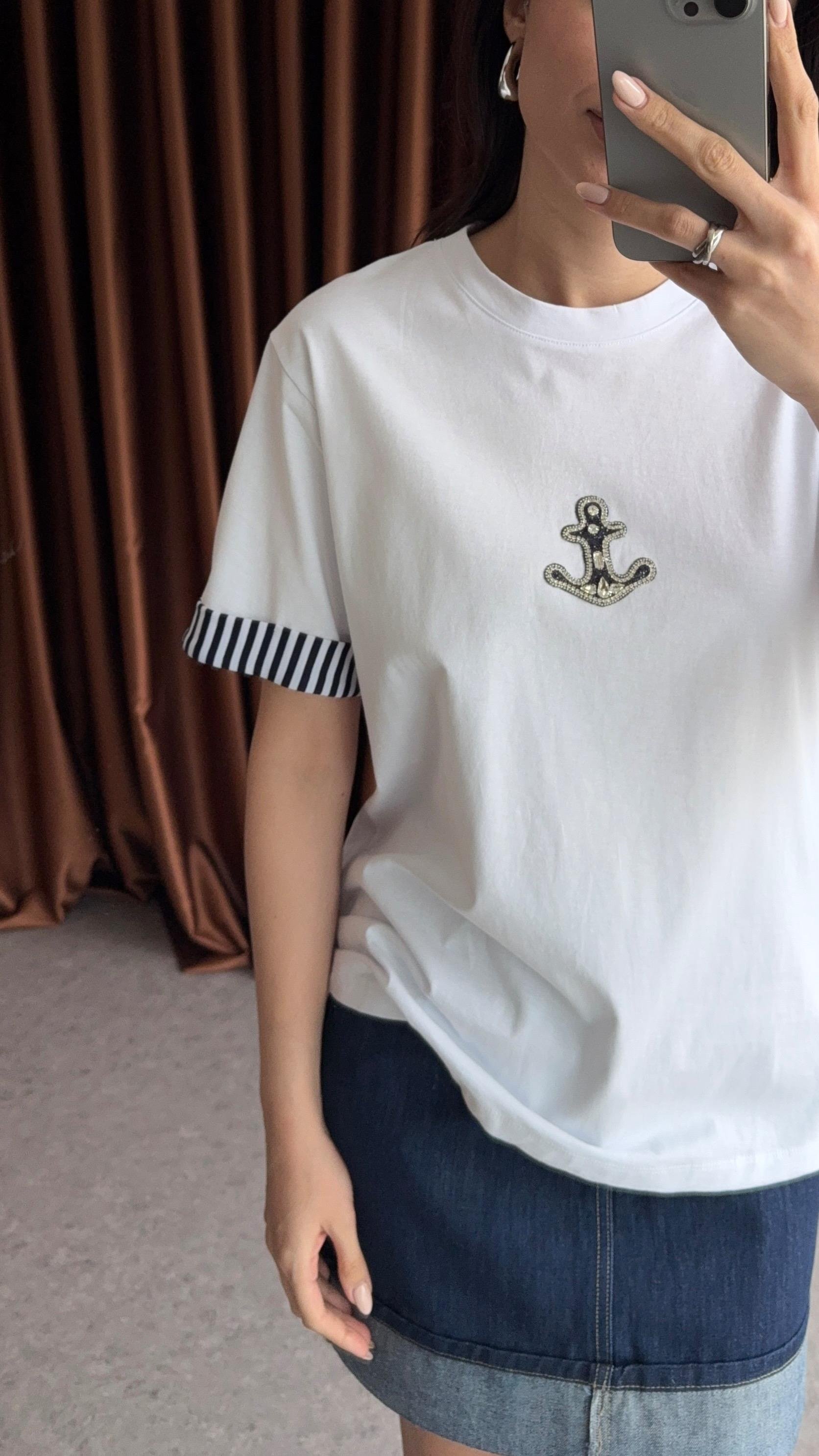 Lacivert Kol Çizgili Taşlı Tshirt