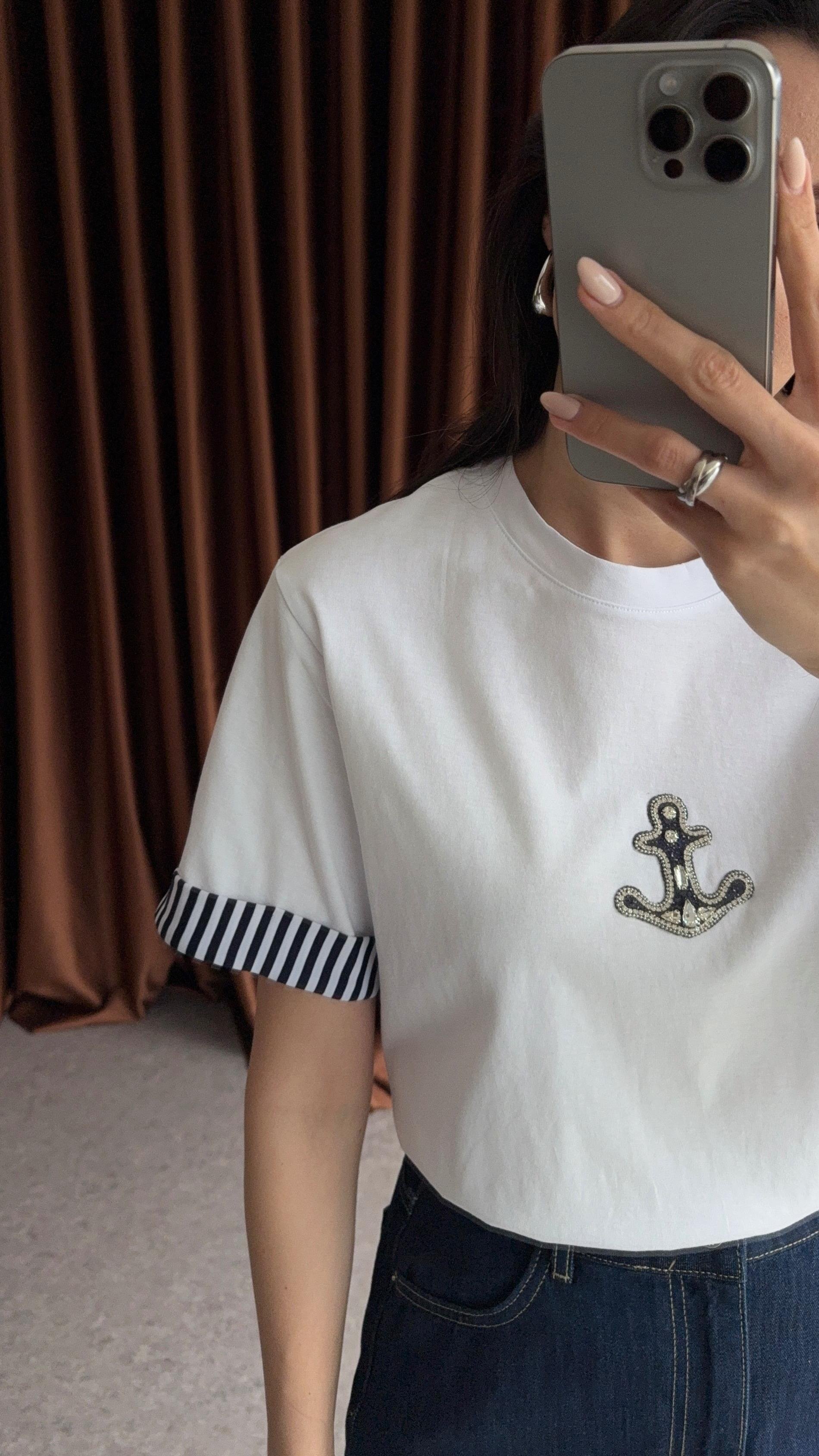 Lacivert Kol Çizgili Taşlı Tshirt