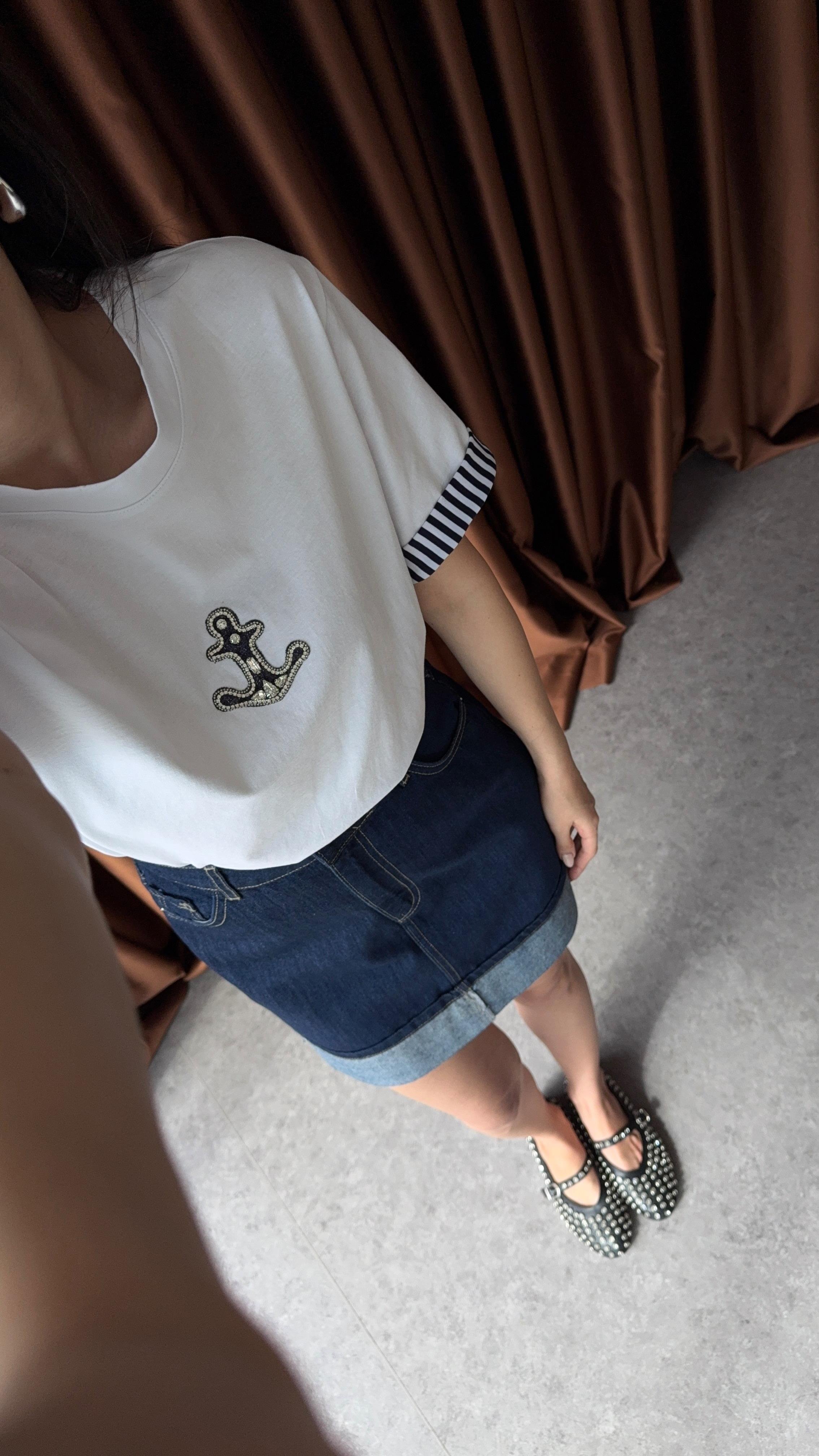 Lacivert Kol Çizgili Taşlı Tshirt