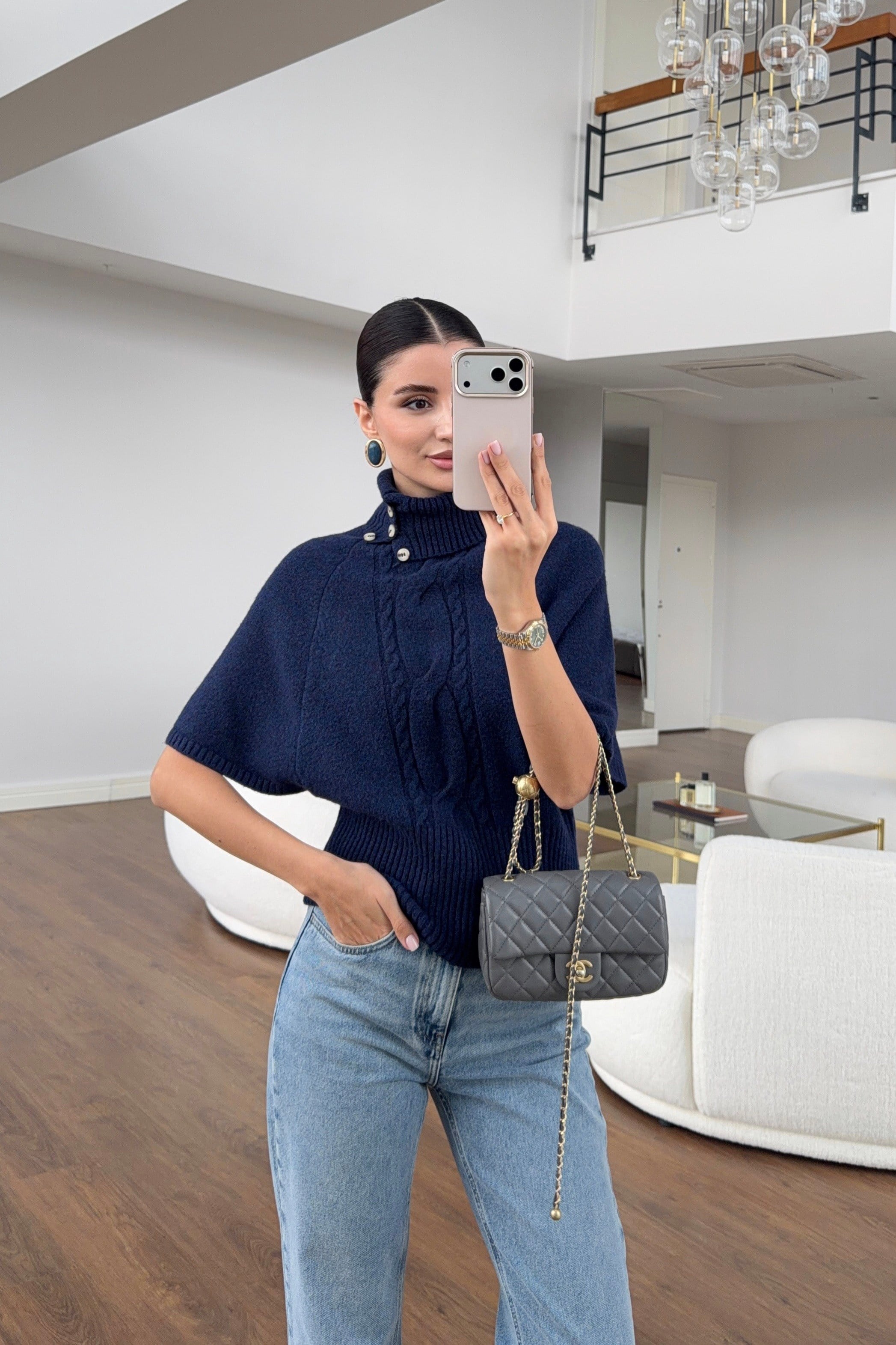 Lacivert Retro Stil Yüksek Yaka Saç Örgü Triko Bluz