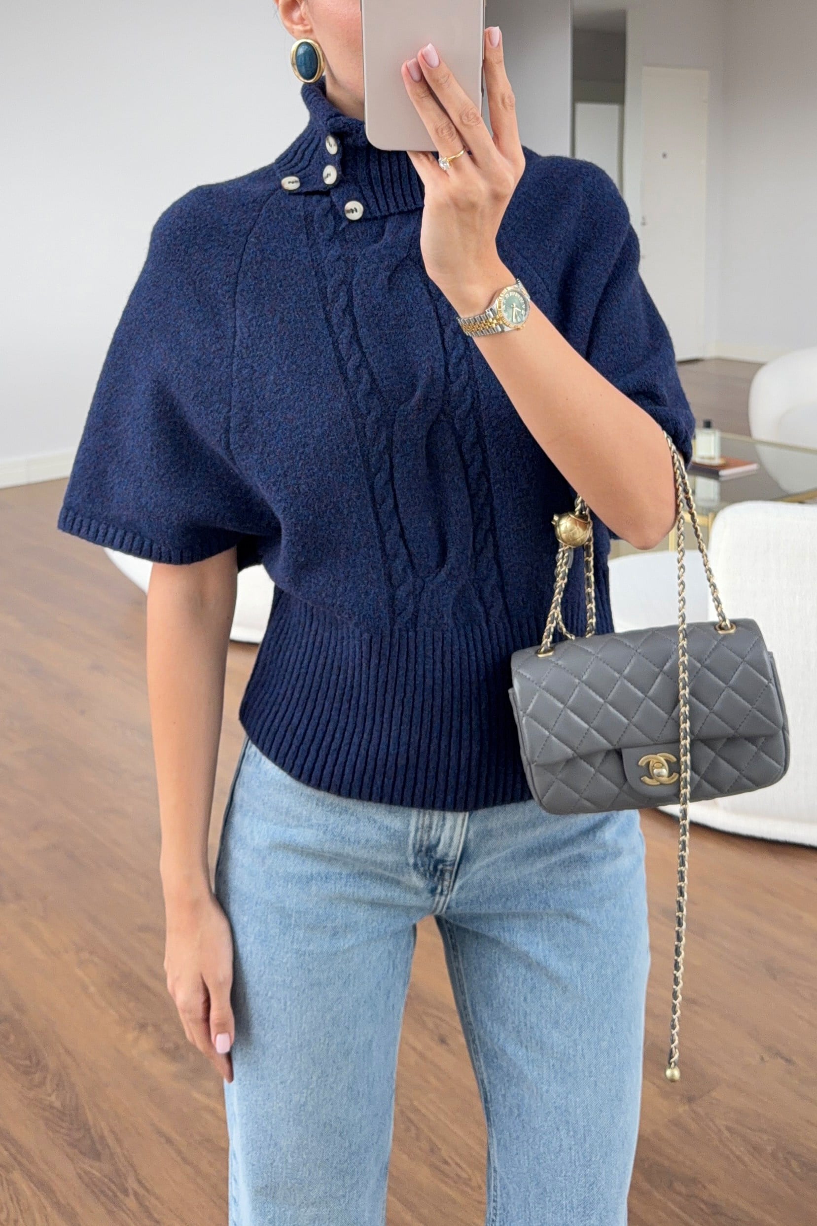 Lacivert Retro Stil Yüksek Yaka Saç Örgü Triko Bluz