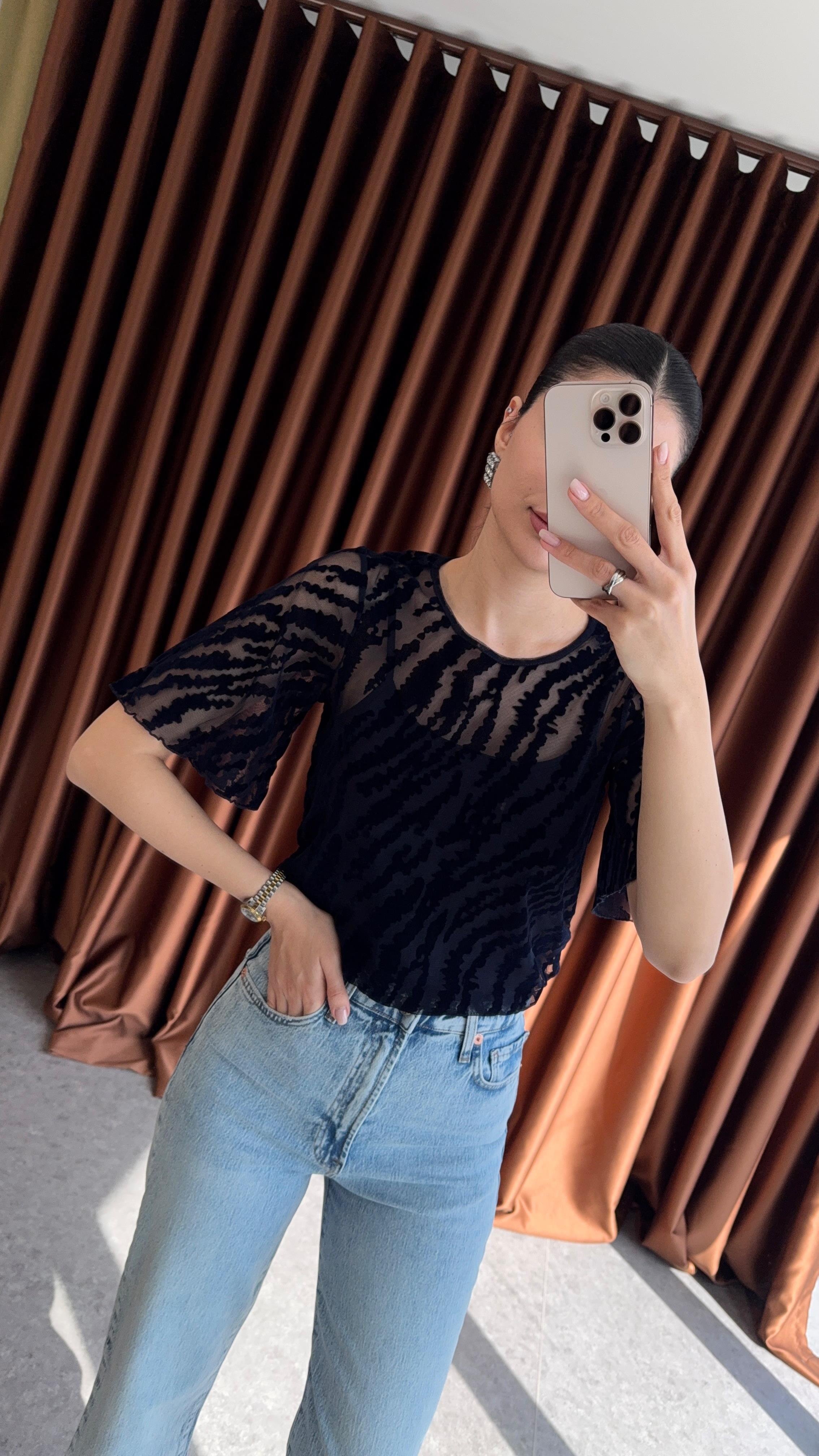 Lacivert Transparan Bluz