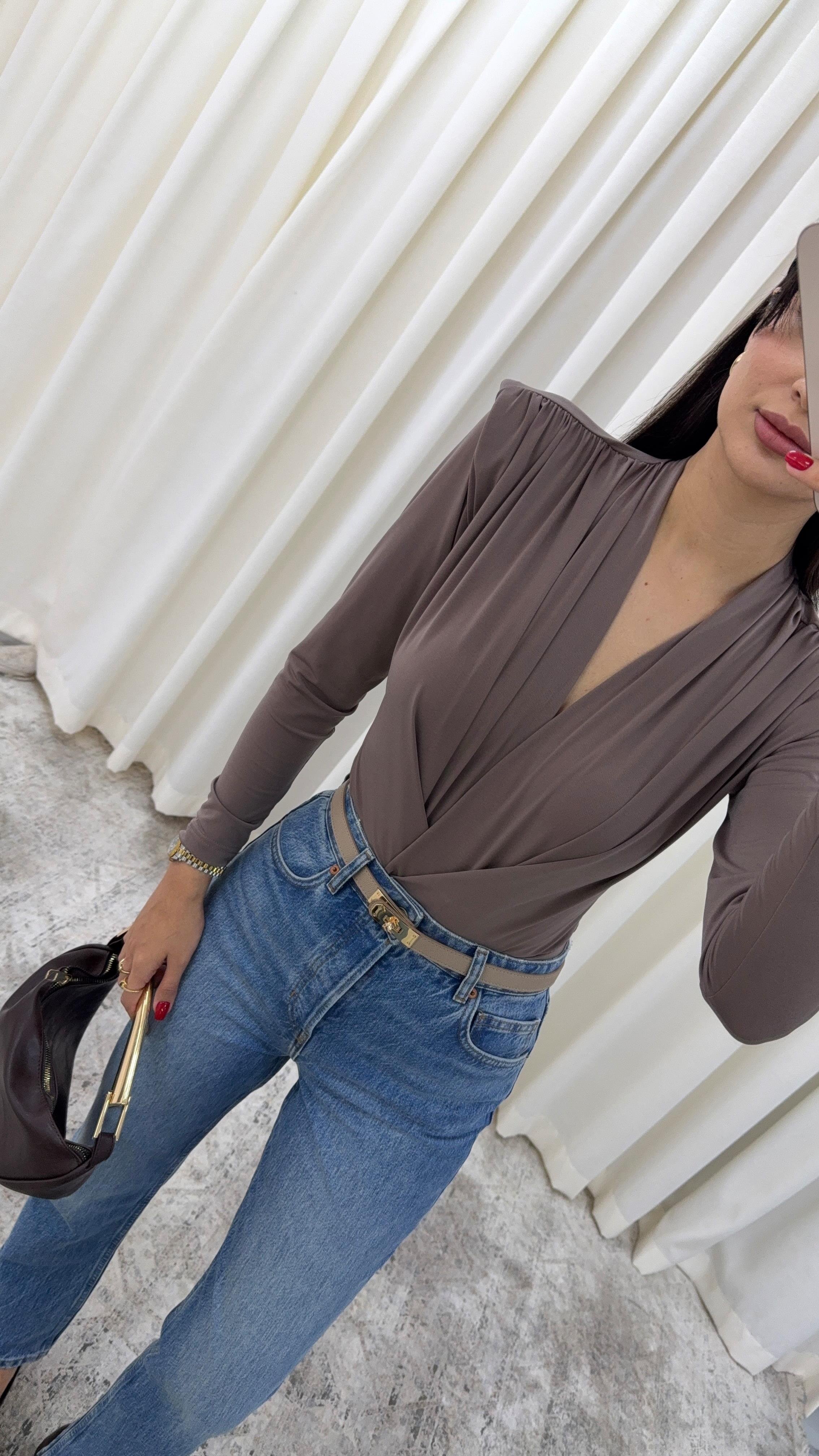 Lazer Kesim Soluk Kahve Bodysuit
