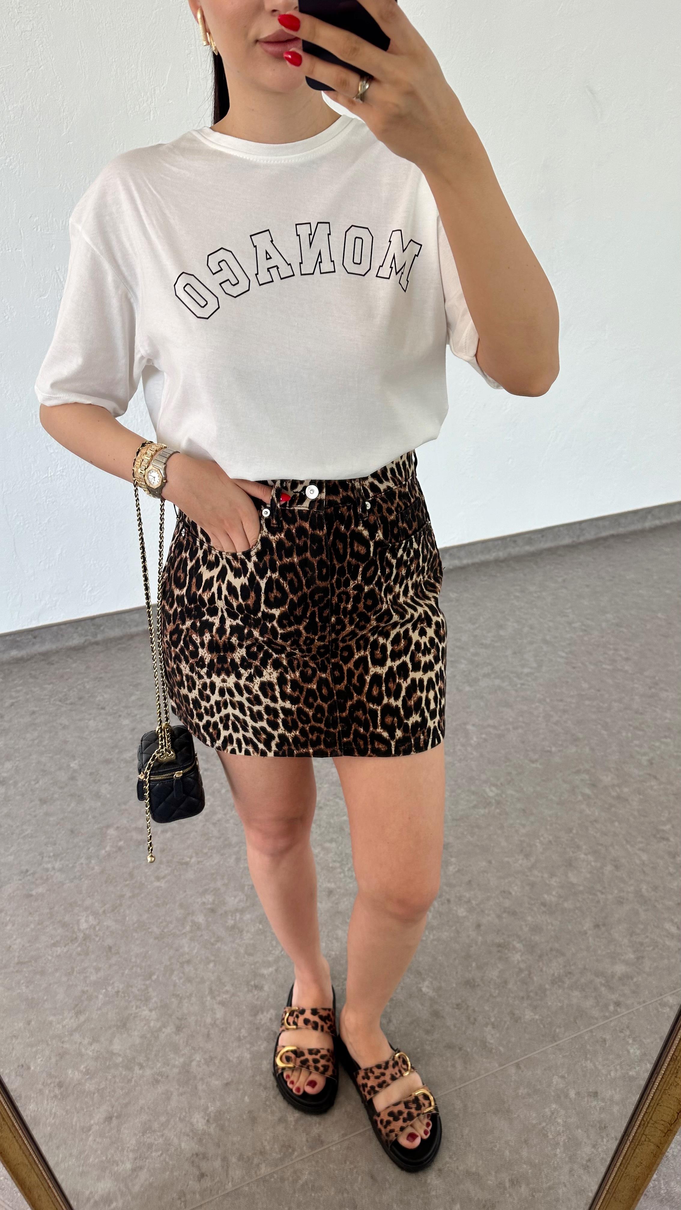 Leopar Desen Denim Etek