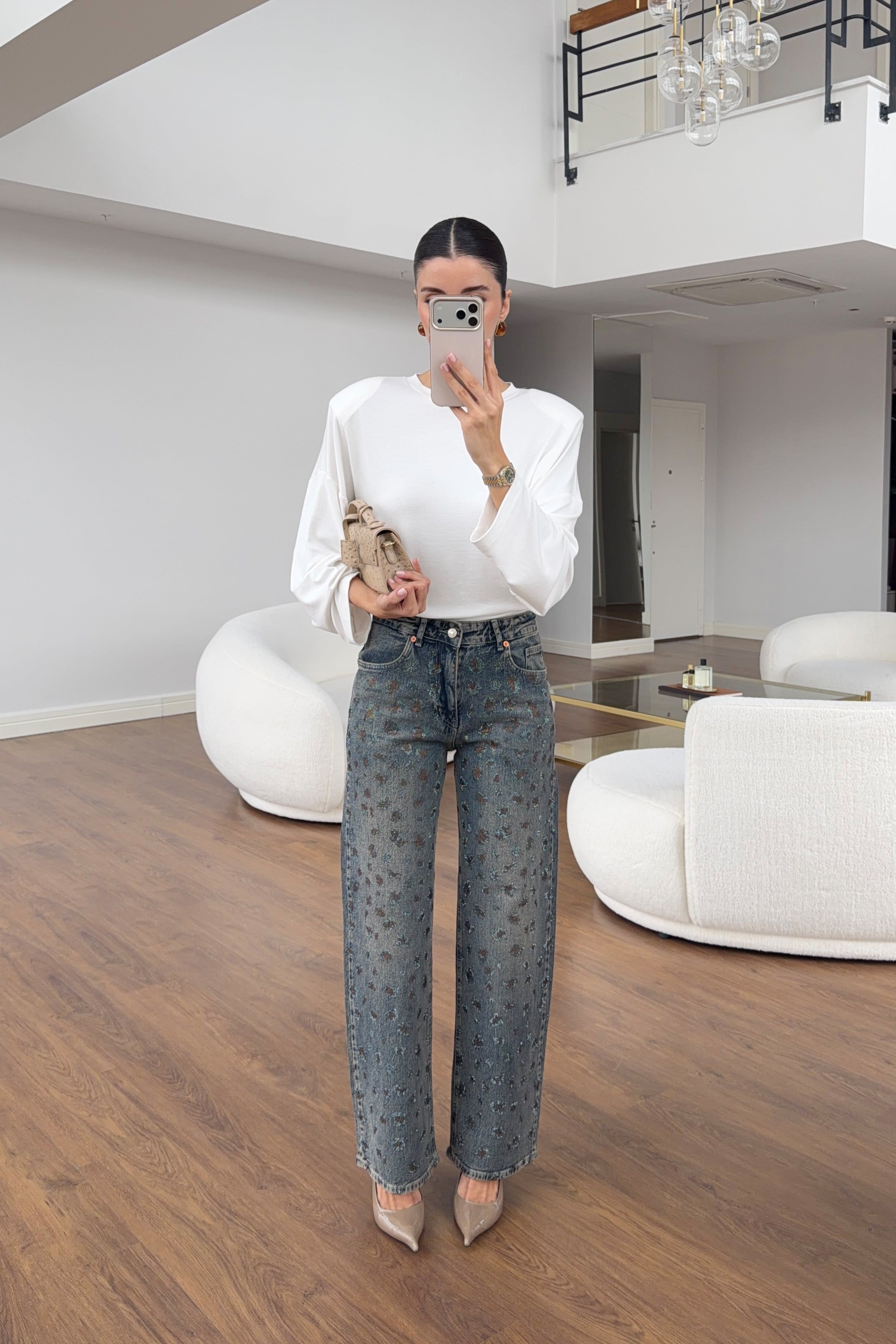 Leopar Taş İşlemeli Yıkamalı Straight Denim