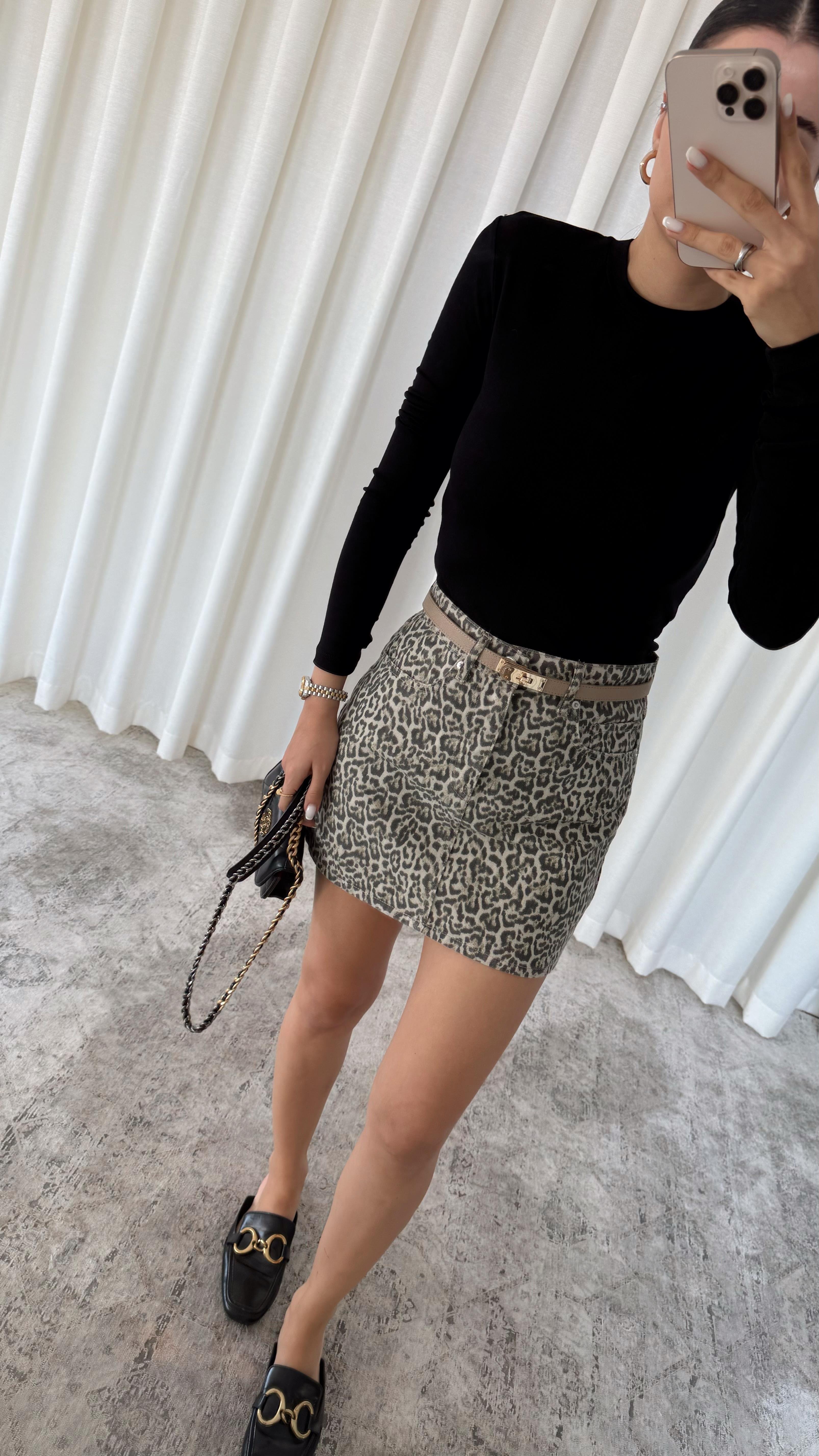 Leoparlı Denim Etek