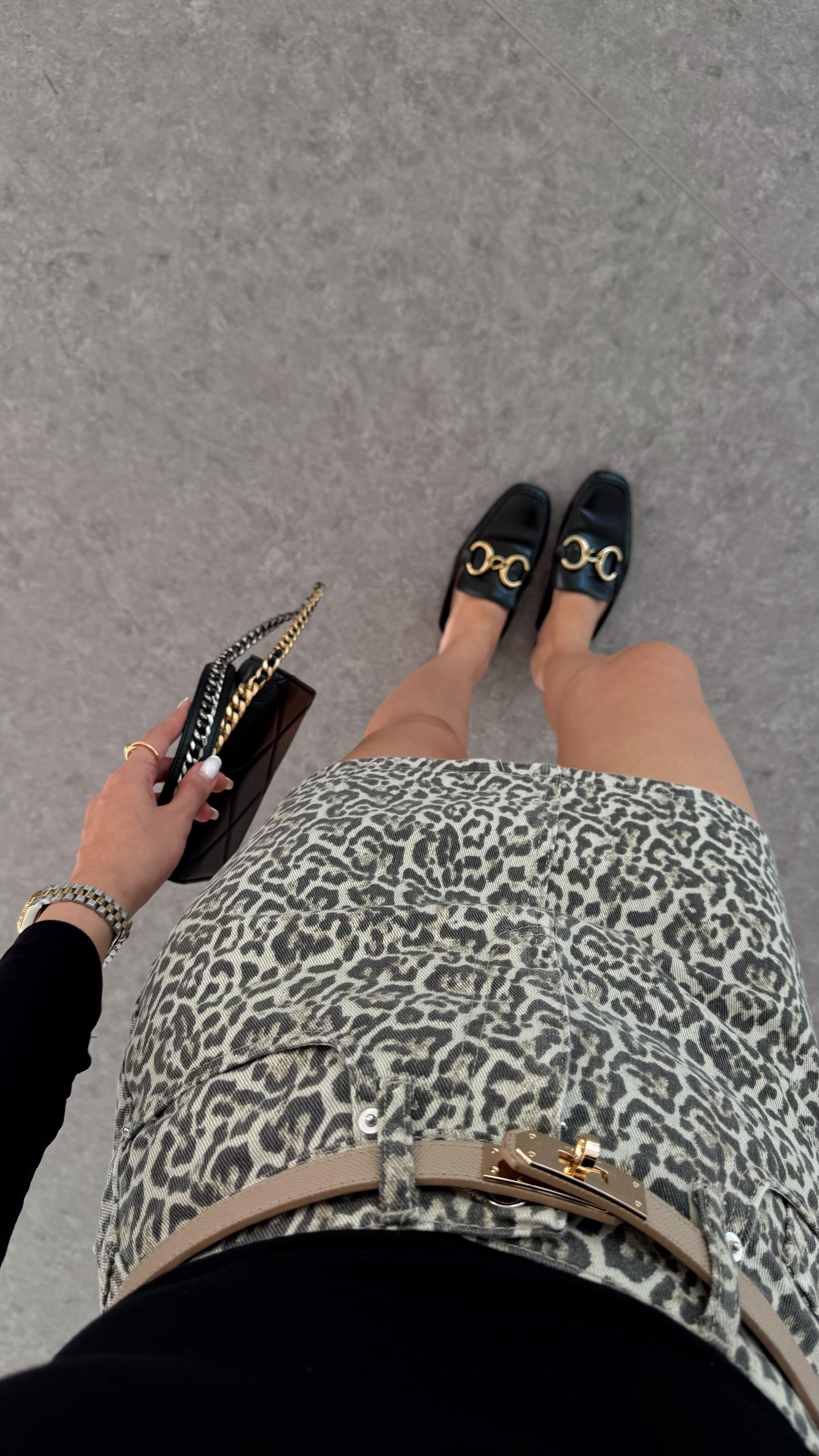 Leoparlı Denim Etek