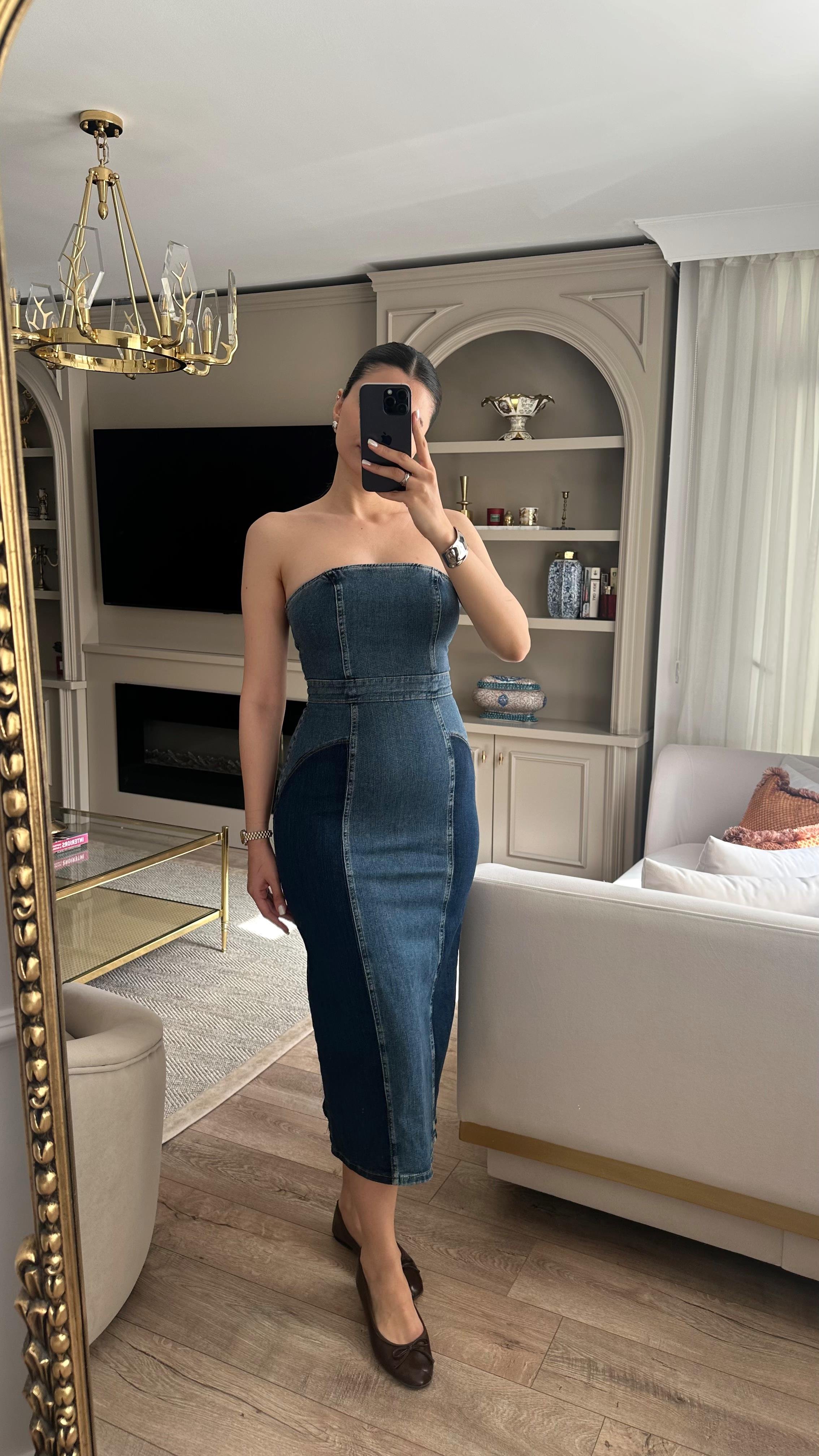 Likralı Denim Elbise