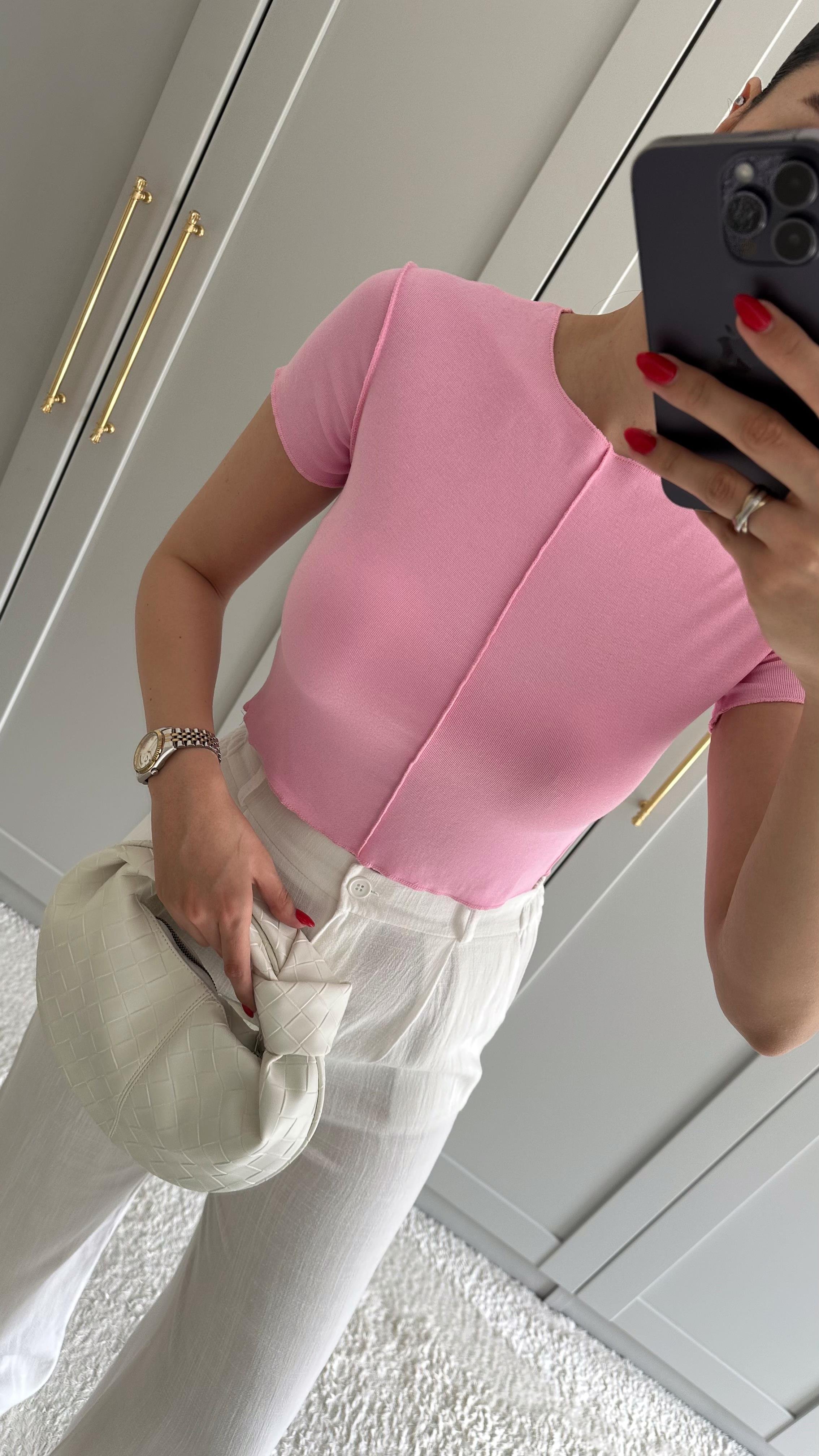 Likralı Dikişli Pembe Crop