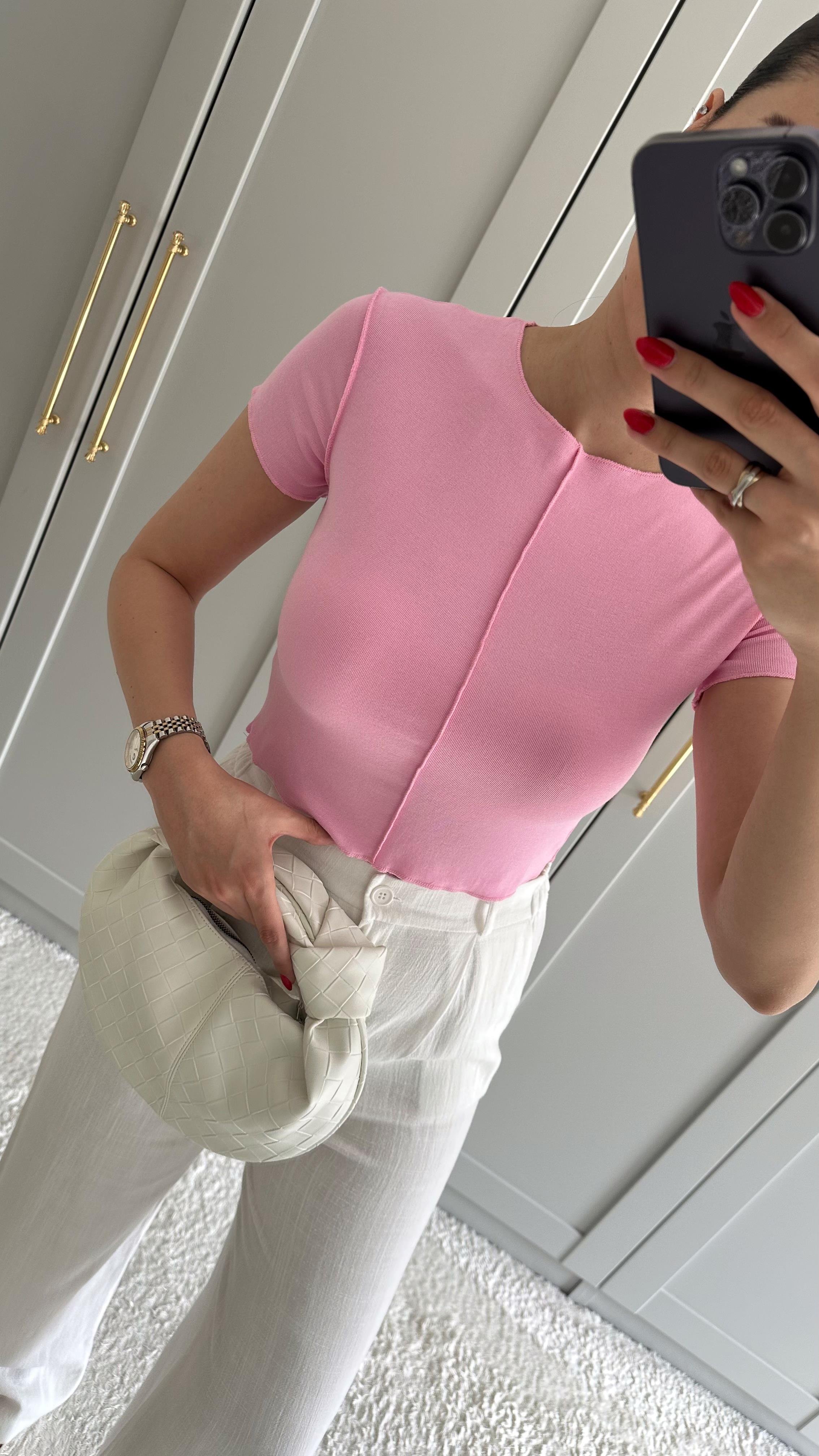Likralı Dikişli Pembe Crop